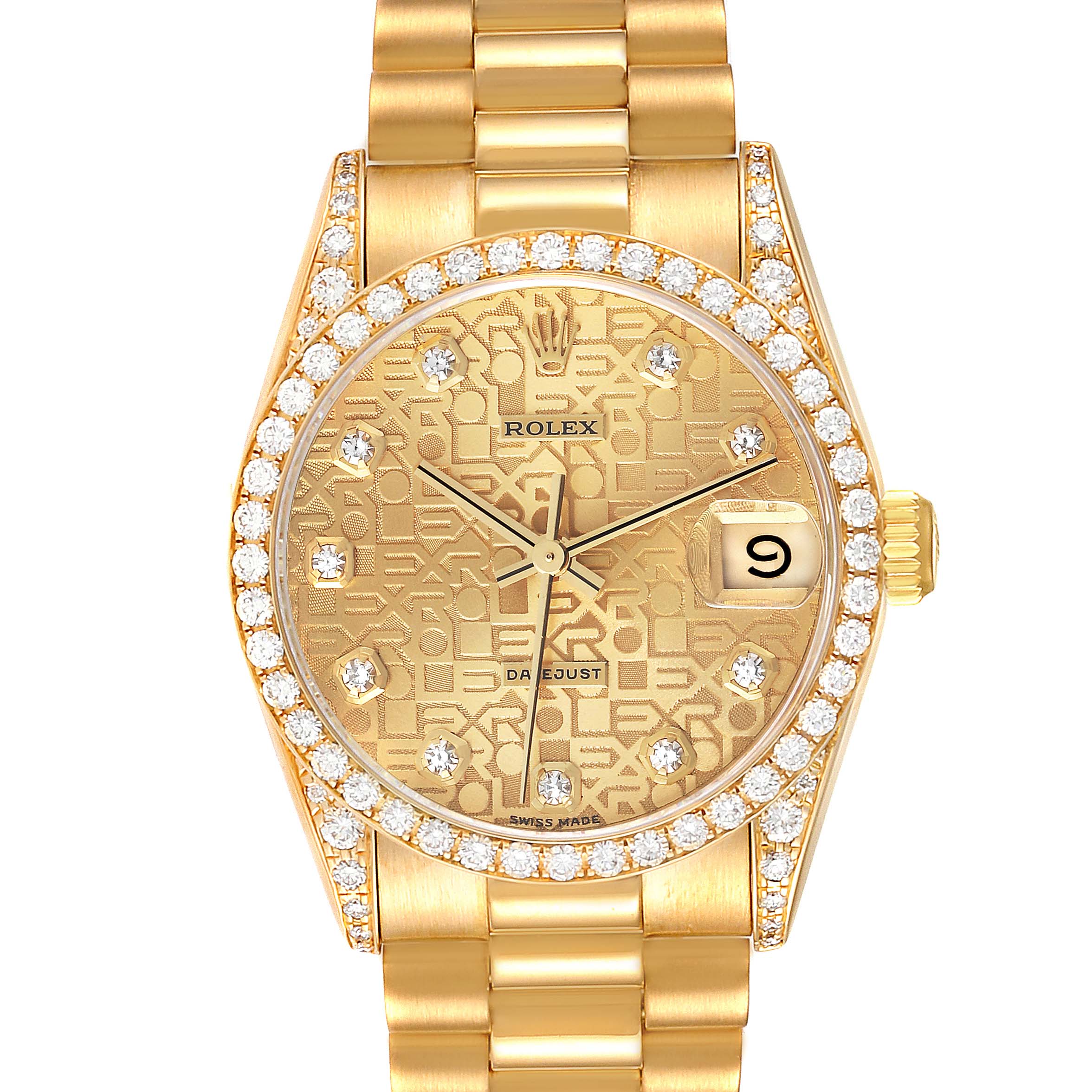 The image shows a full frontal view of a gold Rolex President 68158 Women
s Yellow Gold Champagne Dial 68158 Women
s Yellow Gold Champagne Dial model watch, highlighting its bracelet, diamond-studded bezel, and dial with date display.