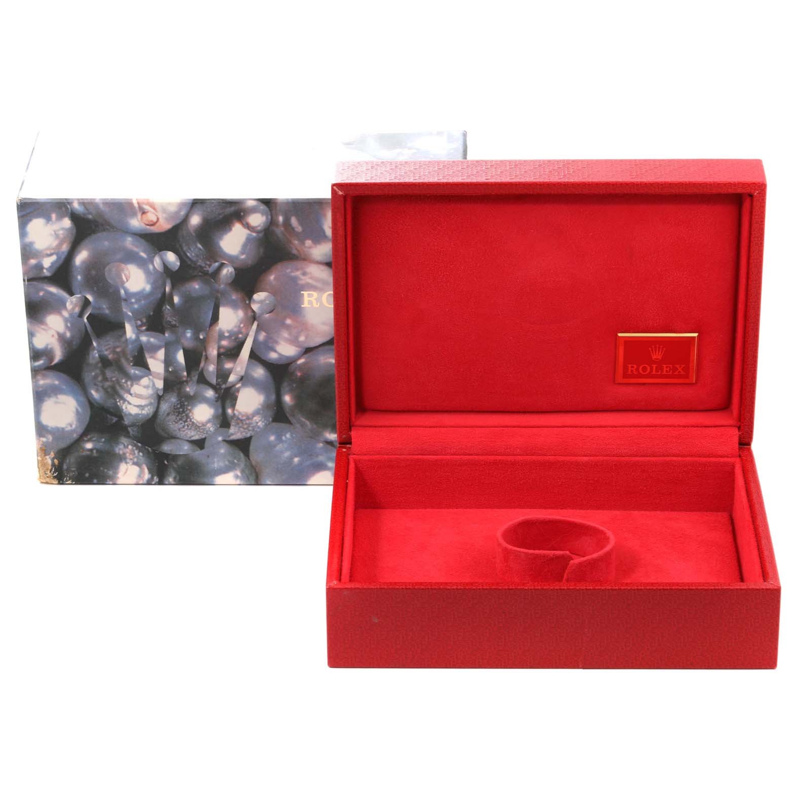 The image shows the open box of a Rolex President 68158 Women
s Yellow Gold Champagne Dial 68158 Women
s Yellow Gold Champagne Dial model watch and its outer packaging.