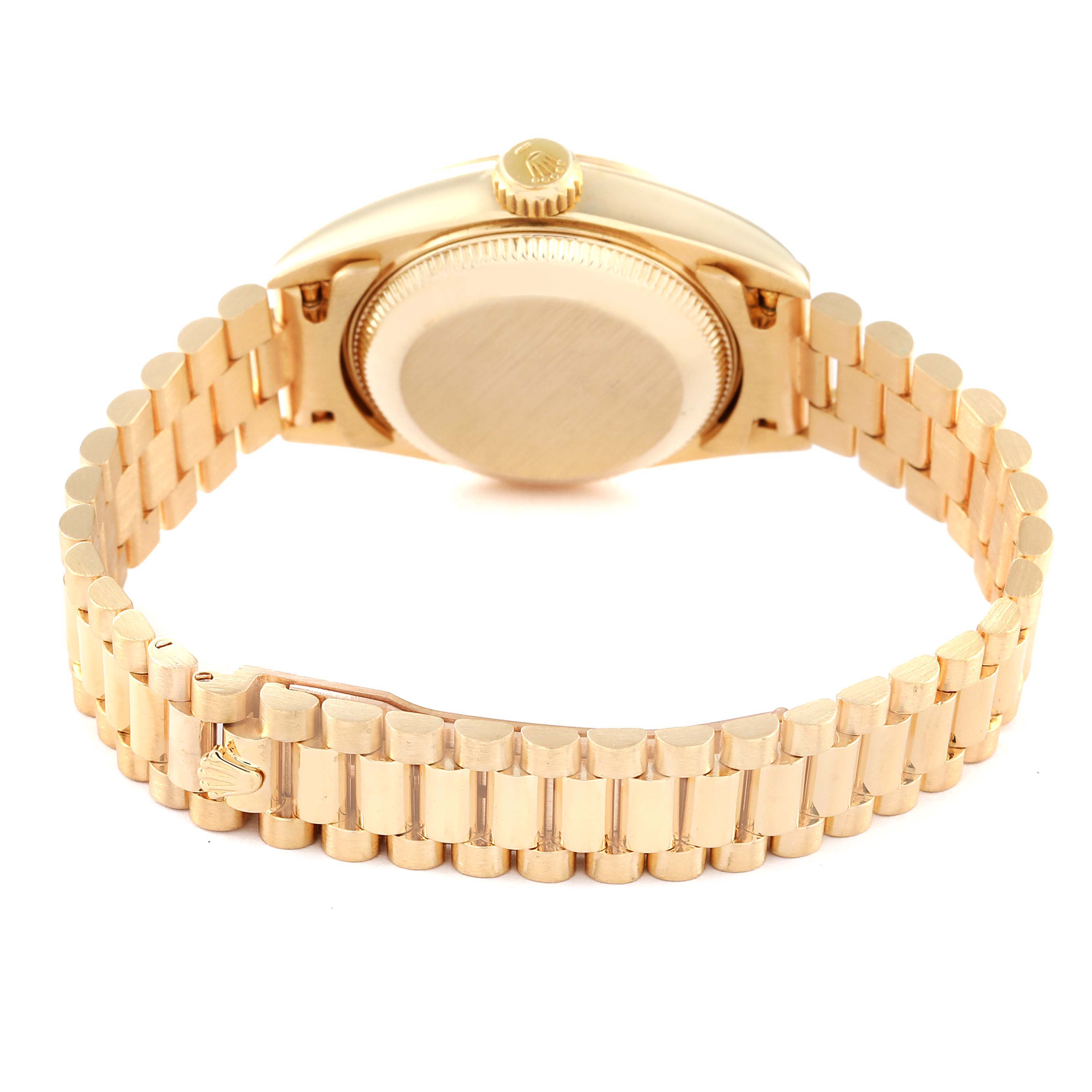 This image shows the back case and bracelet of a Rolex President 69178 Women's Yellow Gold Mother of Pearl Dial 69178 Women's Yellow Gold Mother of Pearl Dial model watch, viewed from the rear.