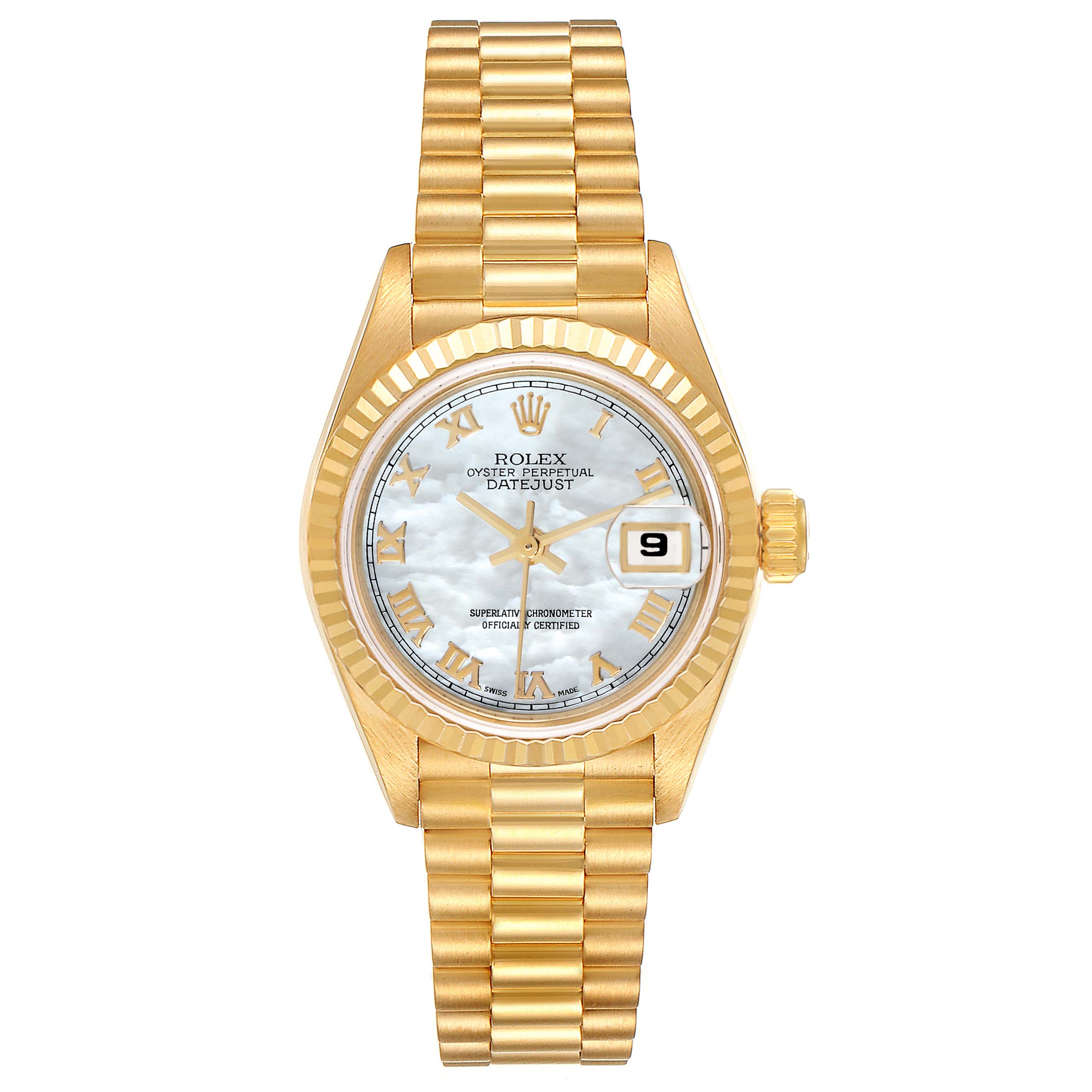 This image shows a front view of a Rolex President 69178 Women's Yellow Gold Mother of Pearl Dial 69178 Women's Yellow Gold Mother of Pearl Dial model watch, including the dial, bracelet, and date feature.