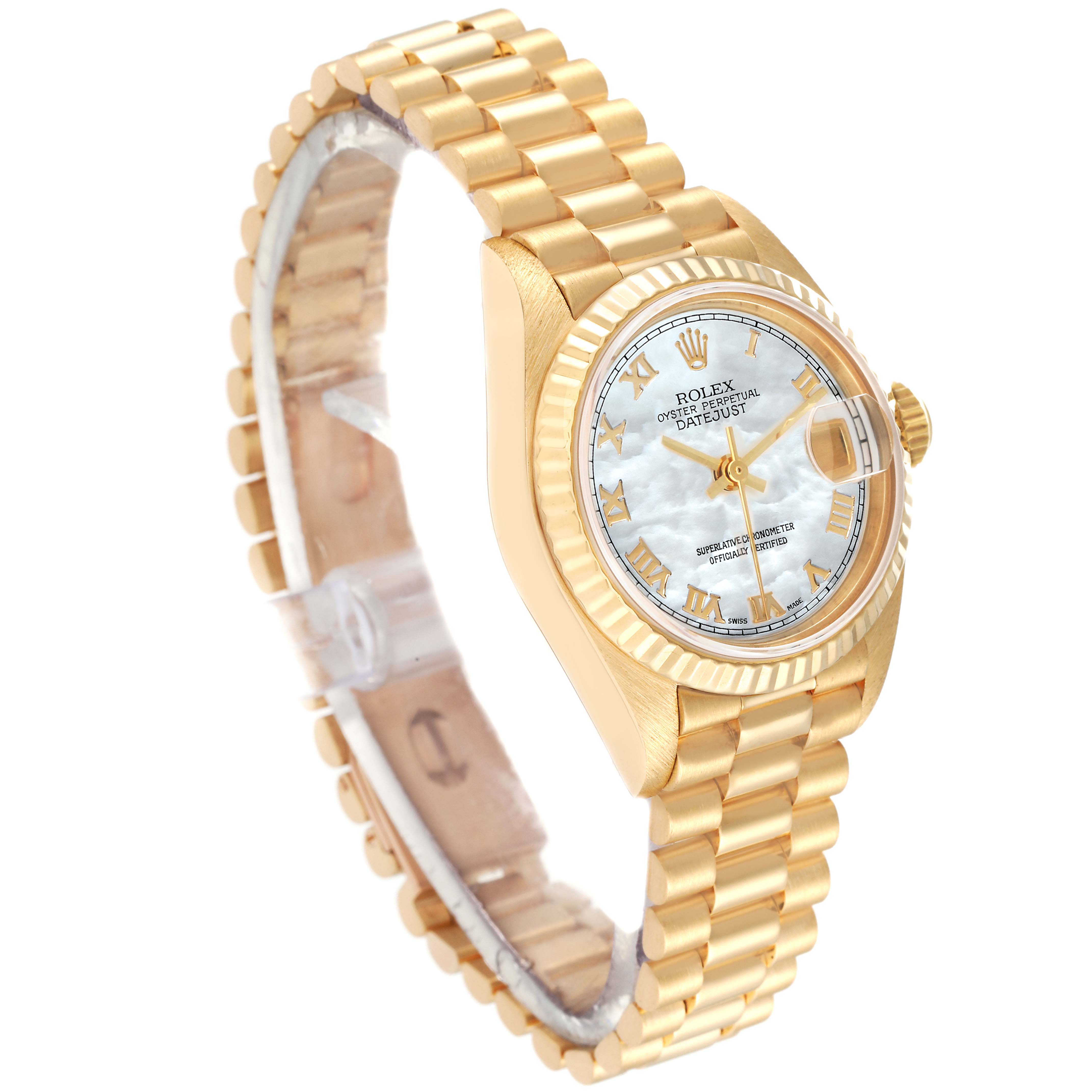 The image shows a Rolex President 69178 Women's Yellow Gold Mother of Pearl Dial 69178 Women's Yellow Gold Mother of Pearl Dial model watch at an angled view, highlighting its gold band, fluted bezel, and dial with Roman numerals.