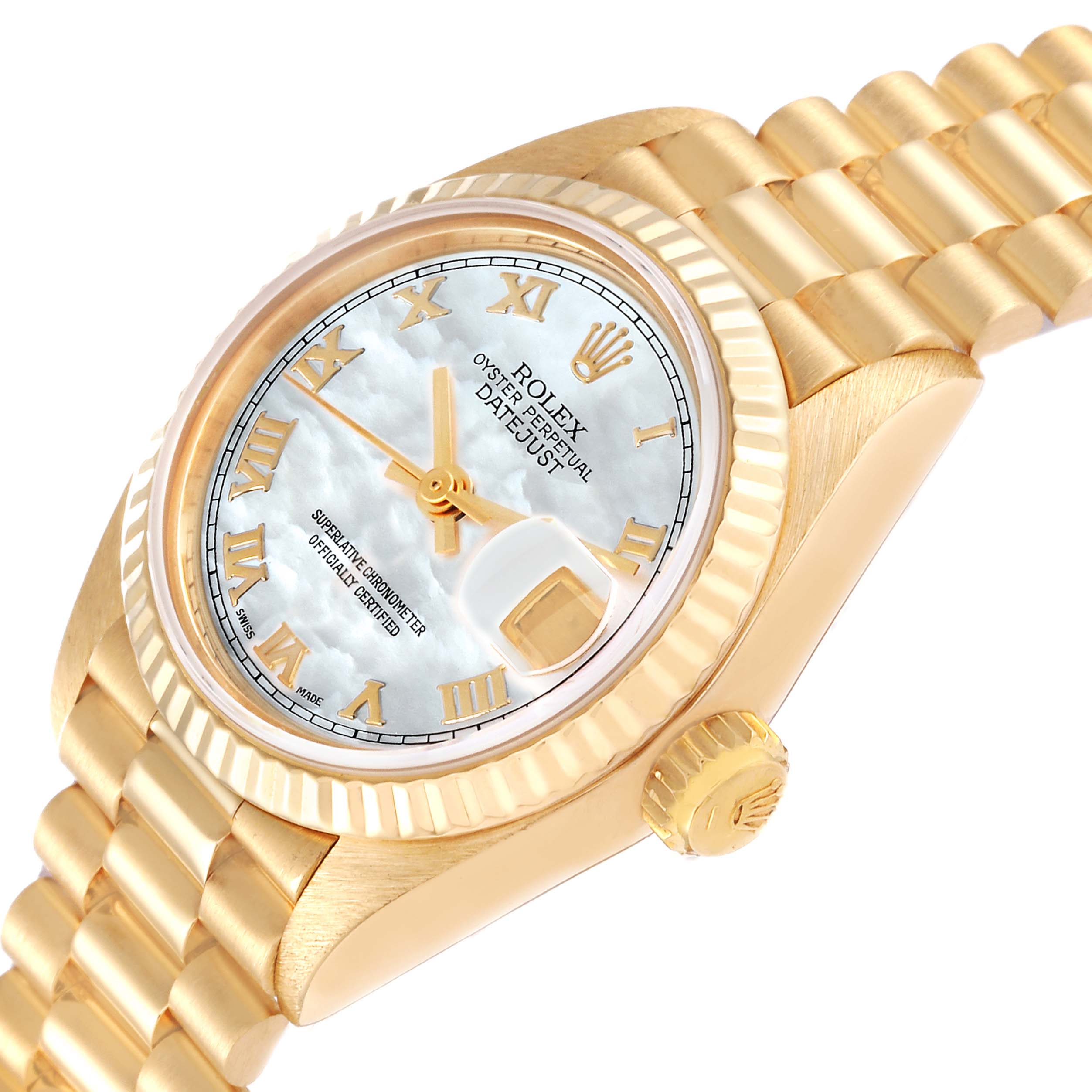 The Rolex President 69178 Women's Yellow Gold Mother of Pearl Dial 69178 Women's Yellow Gold Mother of Pearl Dial model watch is shown at an angle highlighting its dial, bezel, crown, and part of the bracelet.