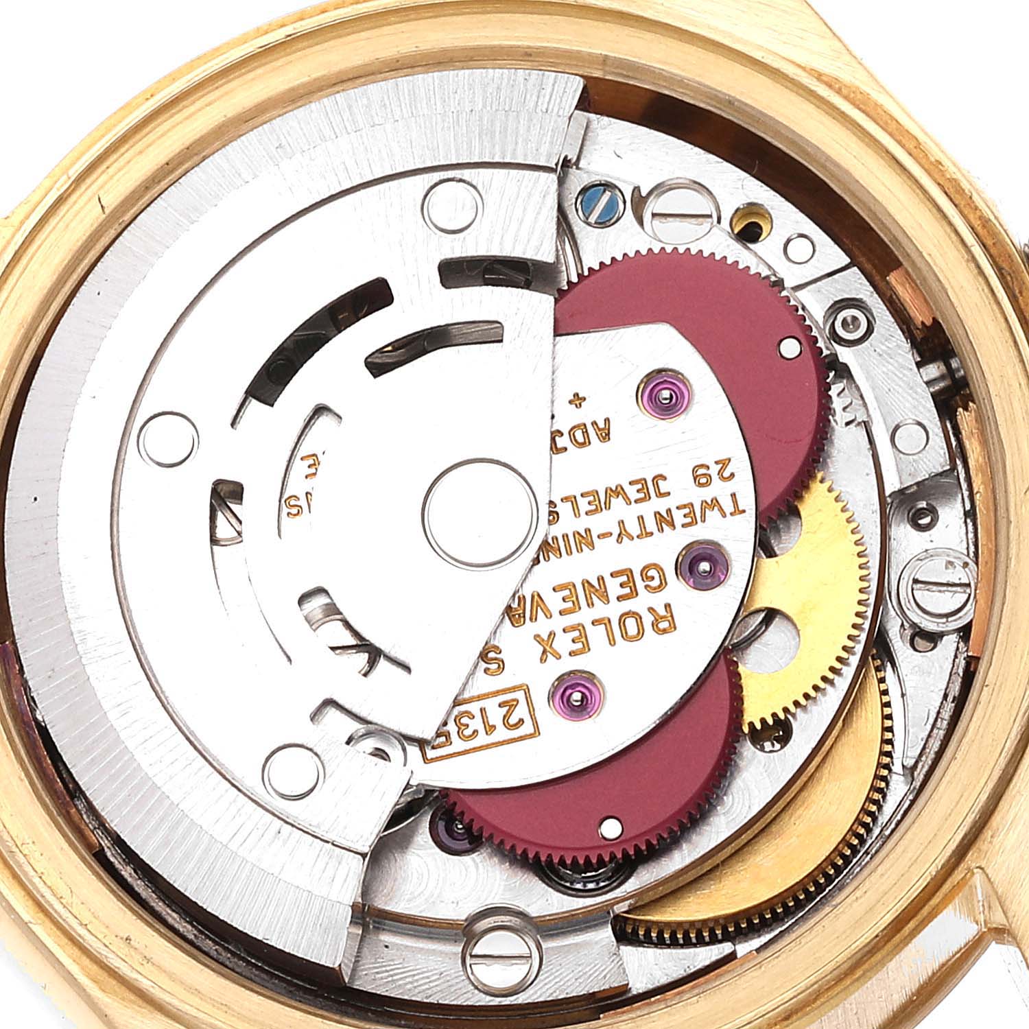 This image shows the inner mechanical movement of the Rolex President 69178 Women's Yellow Gold Mother of Pearl Dial 69178 Women's Yellow Gold Mother of Pearl Dial model watch at a top-down angle.