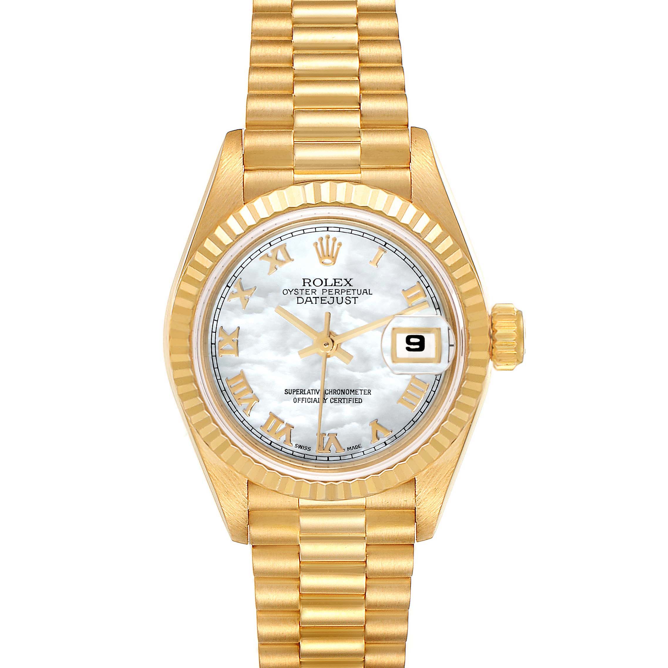 The image shows a Rolex President 69178 Women's Yellow Gold Mother of Pearl Dial 69178 Women's Yellow Gold Mother of Pearl Dial model watch from a front angle, highlighting its gold bracelet, fluted bezel, and date display.