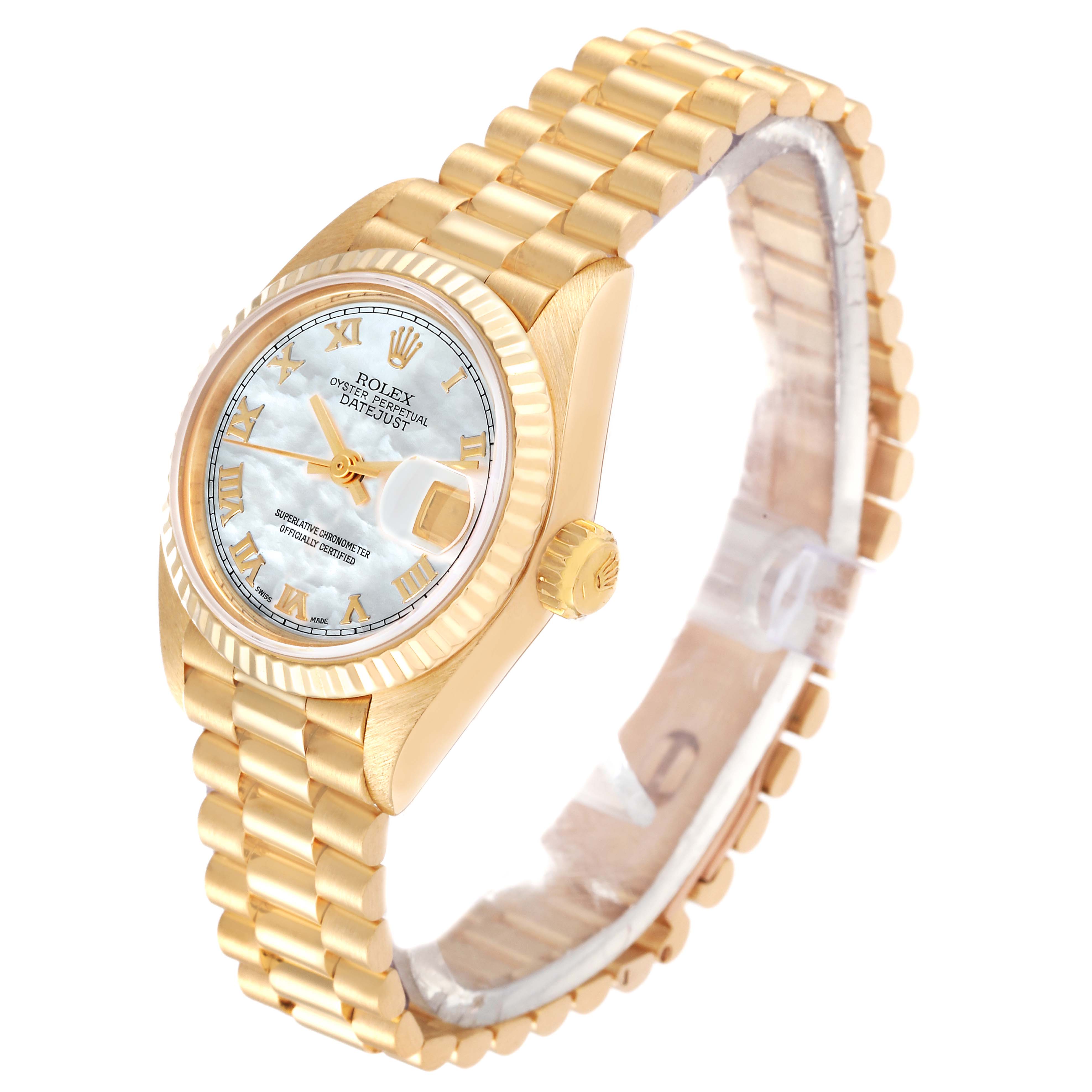 The image shows a side angle of a Rolex President 69178 Women's Yellow Gold Mother of Pearl Dial 69178 Women's Yellow Gold Mother of Pearl Dial model watch, displaying its gold bracelet, bezel, crown, and face.