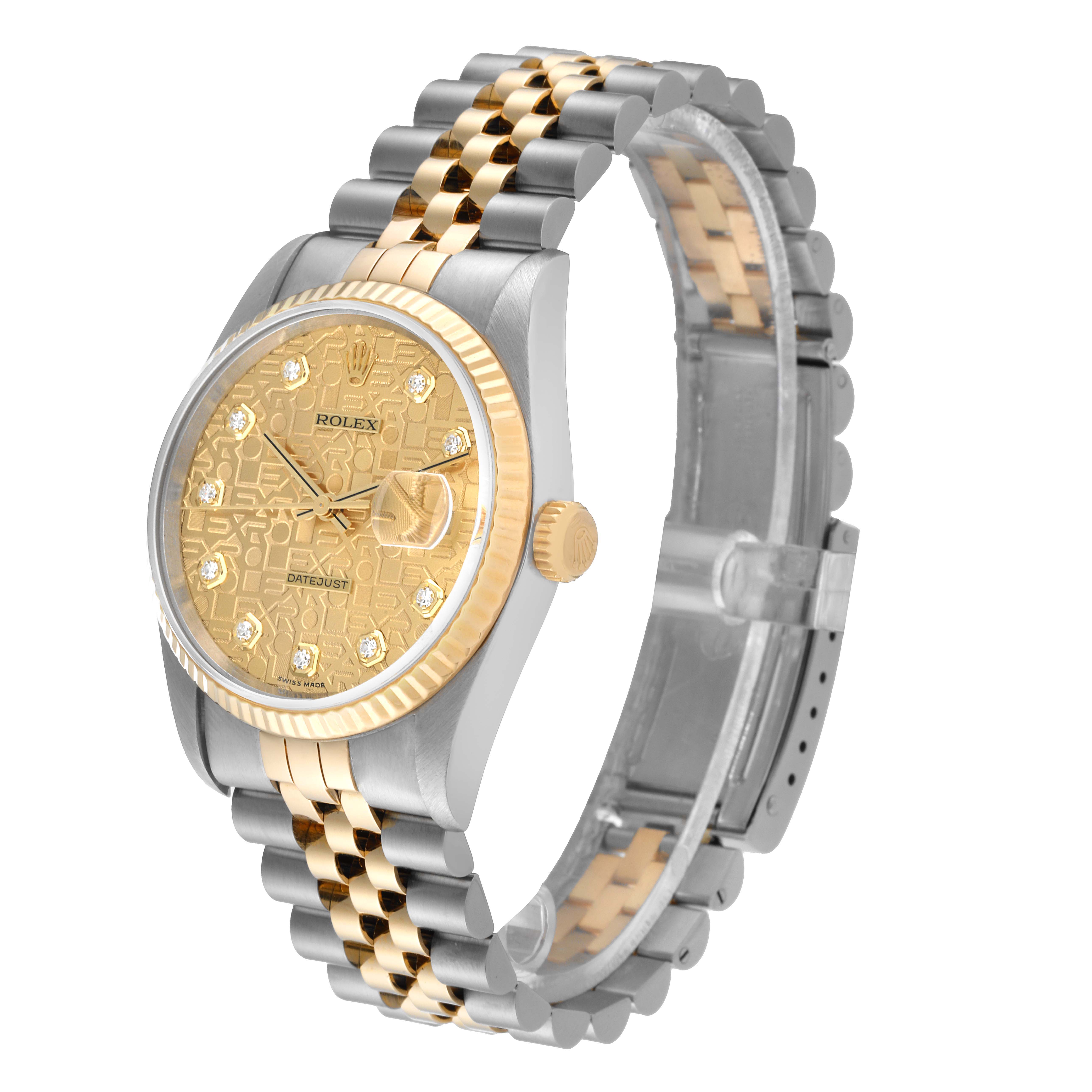 This image shows a Rolex Datejust 16233 Men's Steel and Gold (two tone) Champagne Dial 16233 Men's Steel and Gold (two tone) Champagne Dial watch at a three-quarter angle, highlighting the dial, bezel, and two-tone bracelet.
