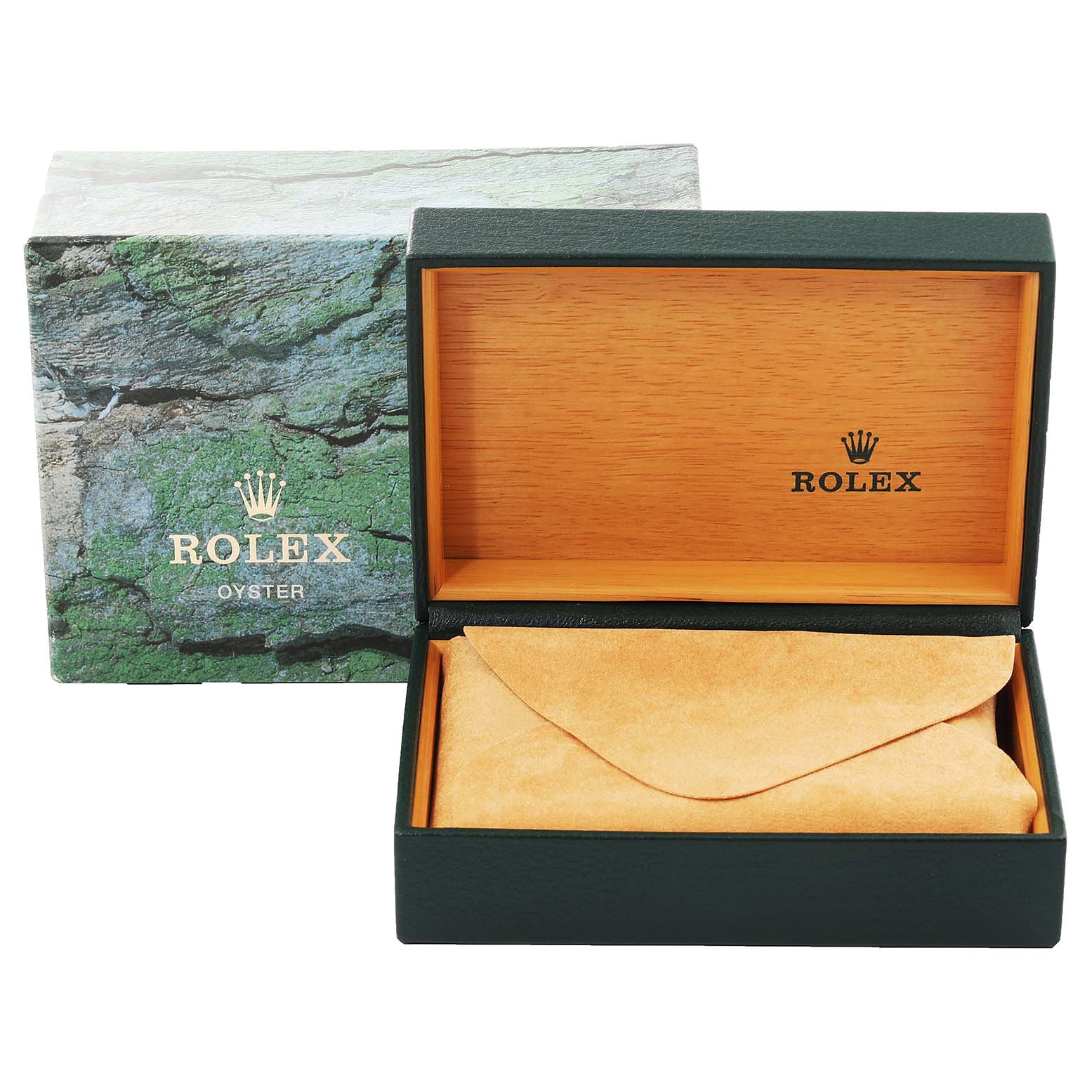 This image shows an open Rolex Datejust 16233 Men's Steel and Gold (two tone) Champagne Dial 16233 Men's Steel and Gold (two tone) Champagne Dial watch box with a green and wood design and a protective suede pouch inside.