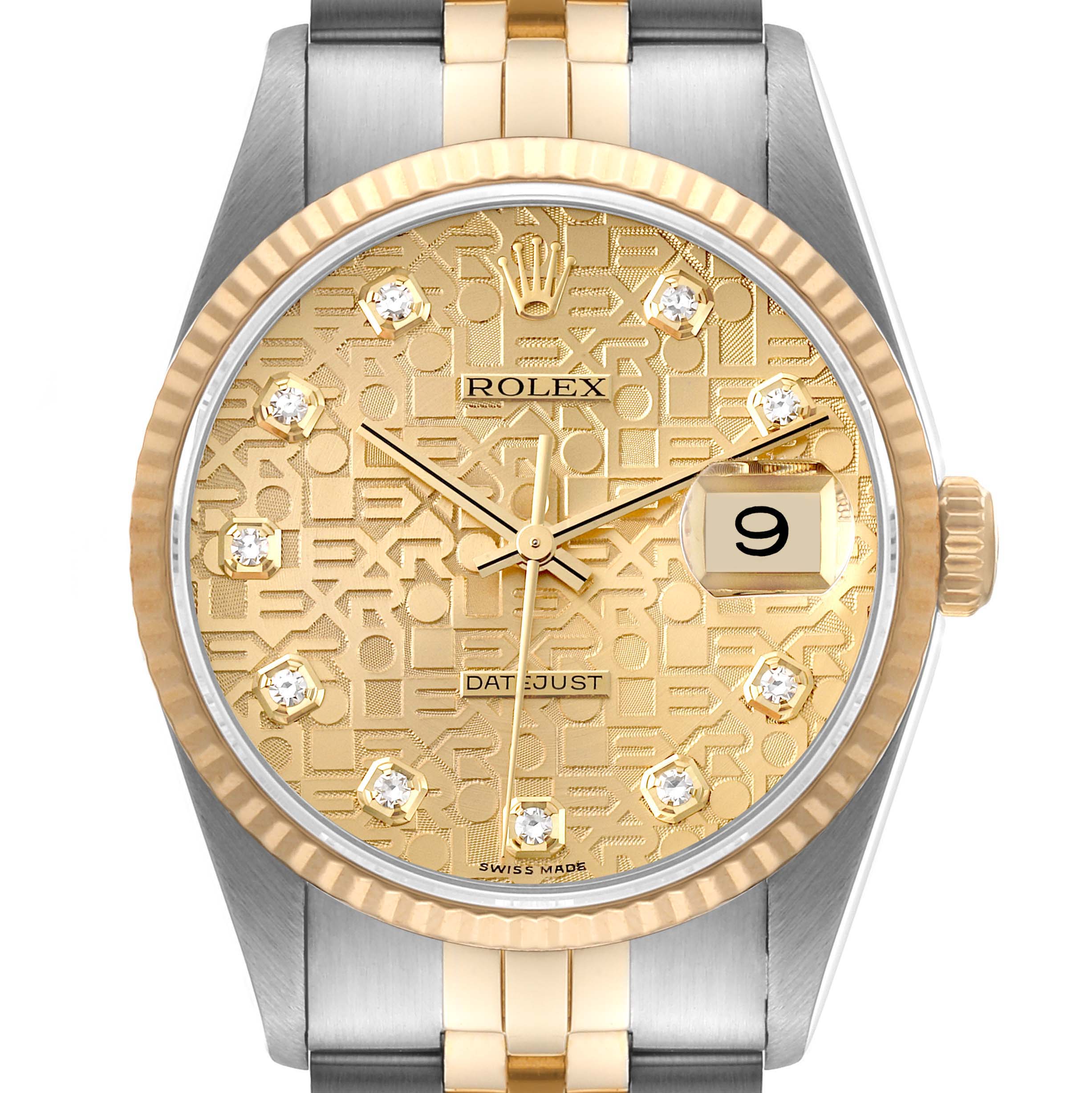 The image shows a front view of a Rolex Datejust 16233 Men's Steel and Gold (two tone) Champagne Dial 16233 Men's Steel and Gold (two tone) Champagne Dial watch featuring a gold patterned dial, date window, gold-silver bracelet, and fluted bezel.