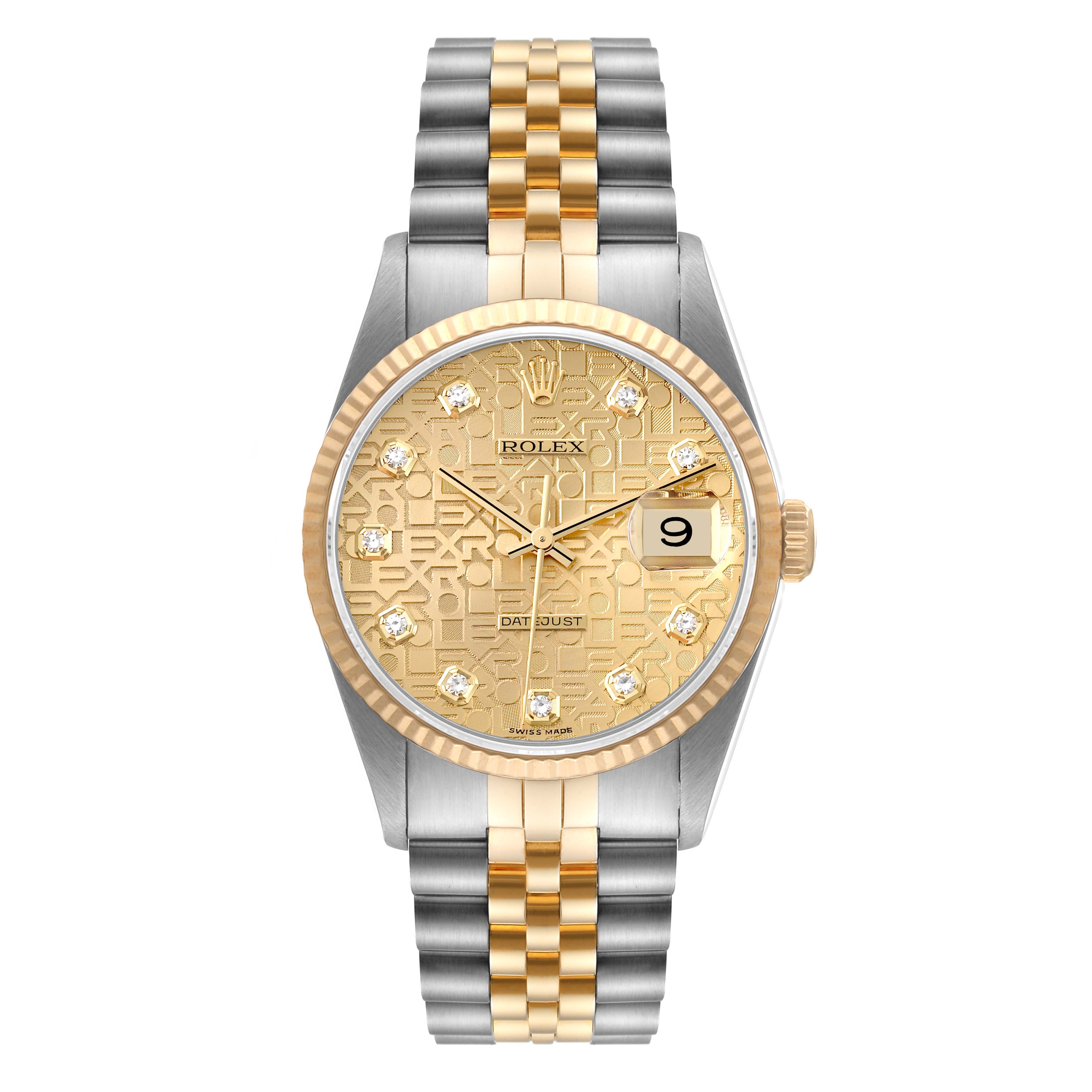 This Rolex Datejust 16233 Men's Steel and Gold (two tone) Champagne Dial 16233 Men's Steel and Gold (two tone) Champagne Dial watch is shown from the front, displaying its gold dial, fluted bezel, and two-tone Jubilee bracelet.