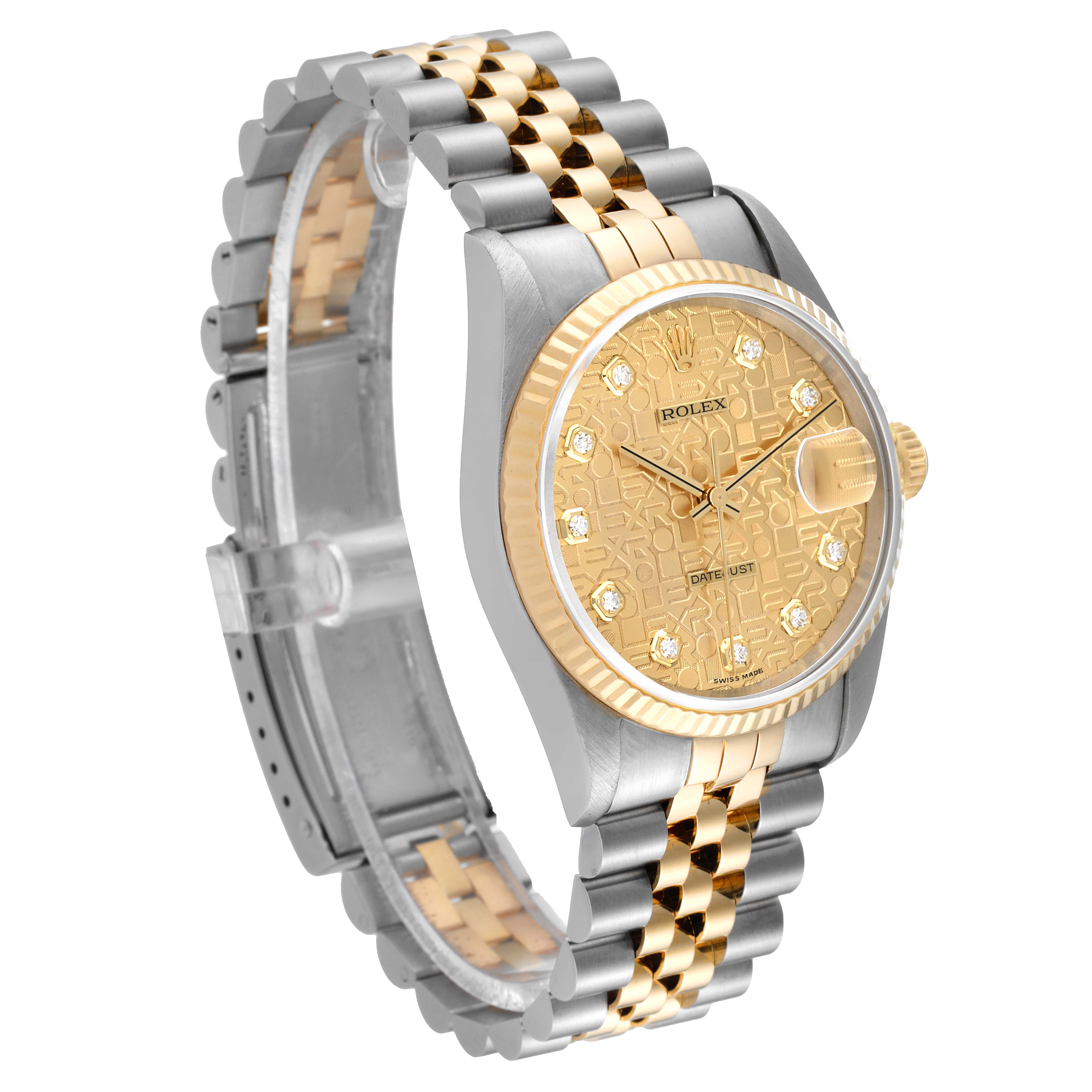 This Rolex Datejust 16233 Men's Steel and Gold (two tone) Champagne Dial 16233 Men's Steel and Gold (two tone) Champagne Dial watch is shown at a three-quarter angle, displaying the face, bezel, crown, and bracelet.