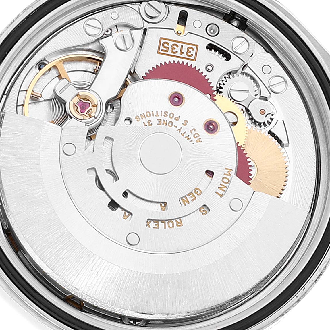 The image shows the movement mechanism of a Rolex Datejust 16233 Men's Steel and Gold (two tone) Champagne Dial 16233 Men's Steel and Gold (two tone) Champagne Dial watch viewed from the back.