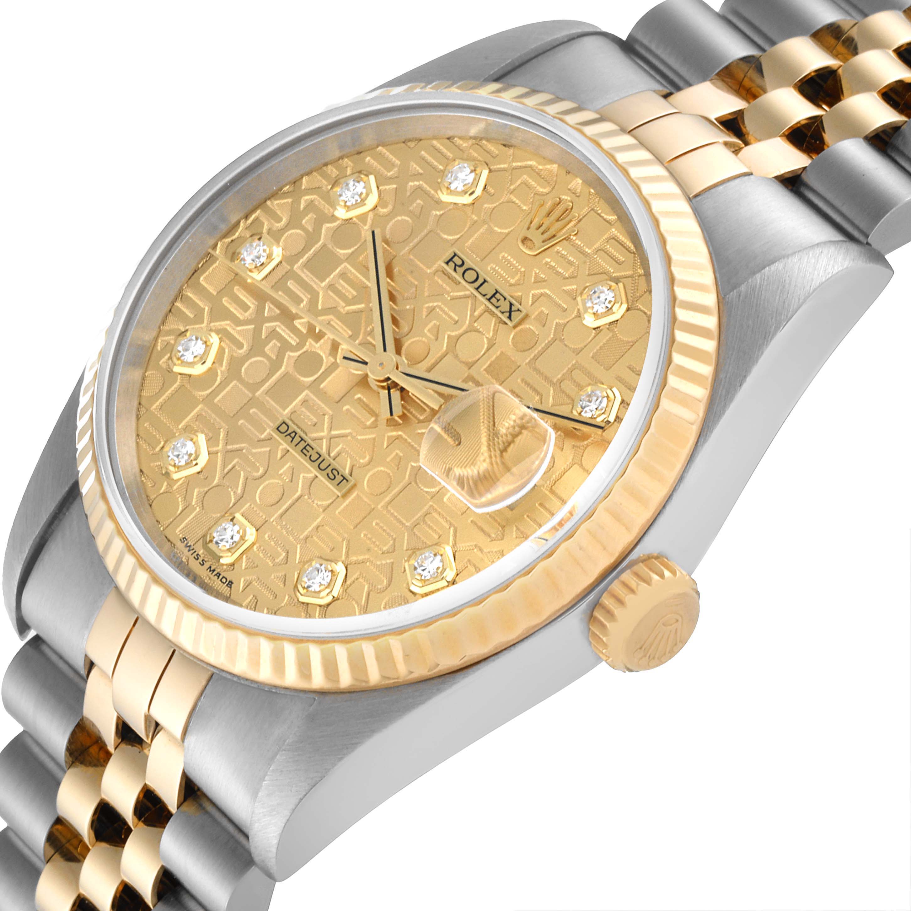 The image shows a close-up angled view of the Rolex Datejust 16233 Men's Steel and Gold (two tone) Champagne Dial 16233 Men's Steel and Gold (two tone) Champagne Dial watch, highlighting its gold dial, bezel, crown, and part of the bracelet.