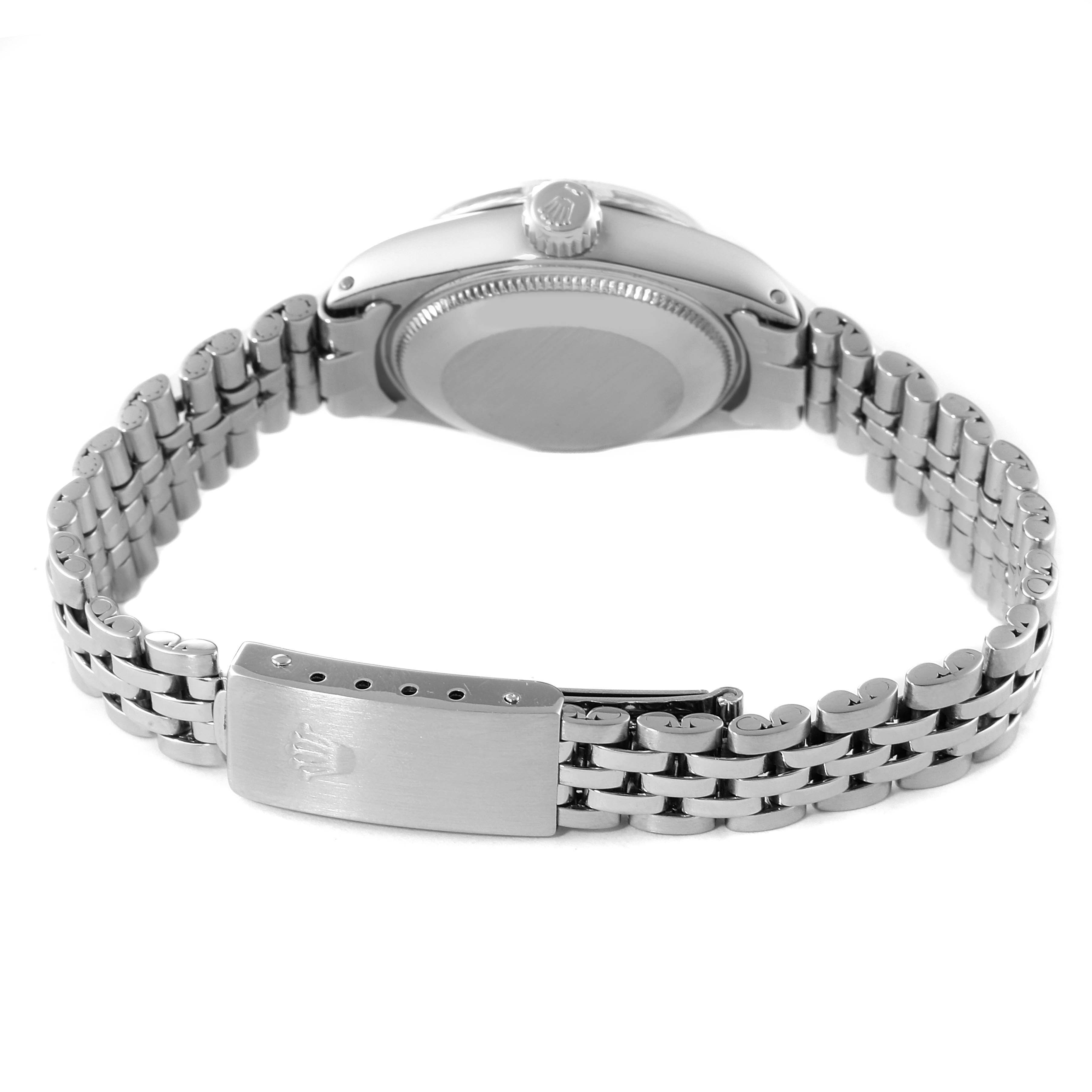 The image shows the back of a Rolex Date 6917 Women's Stainless Steel Silver Dial 6917 Women's Stainless Steel Silver Dial model watch, highlighting its case back and Jubilee bracelet with a clasp.