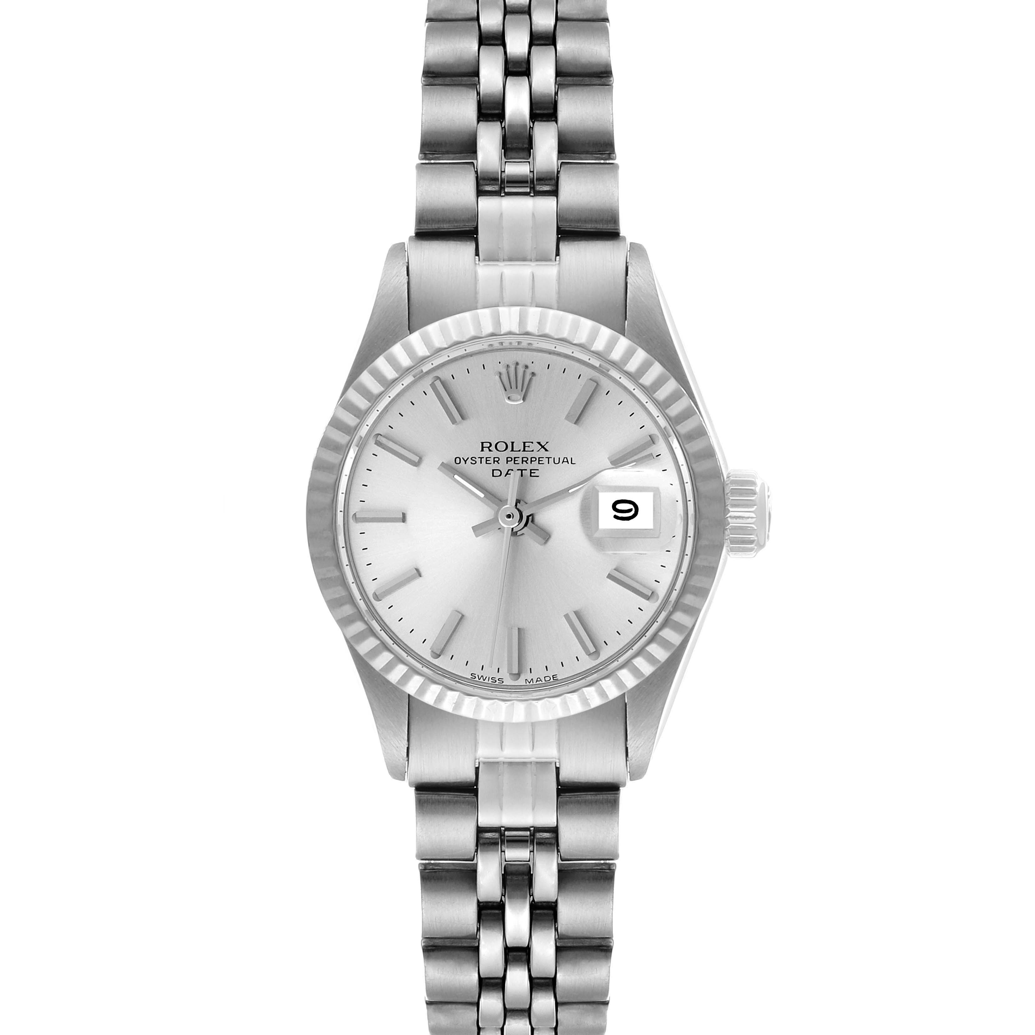 This image shows a front view of the dial and bracelet of a Rolex Date 6917 Women's Stainless Steel Silver Dial 6917 Women's Stainless Steel Silver Dial model watch.