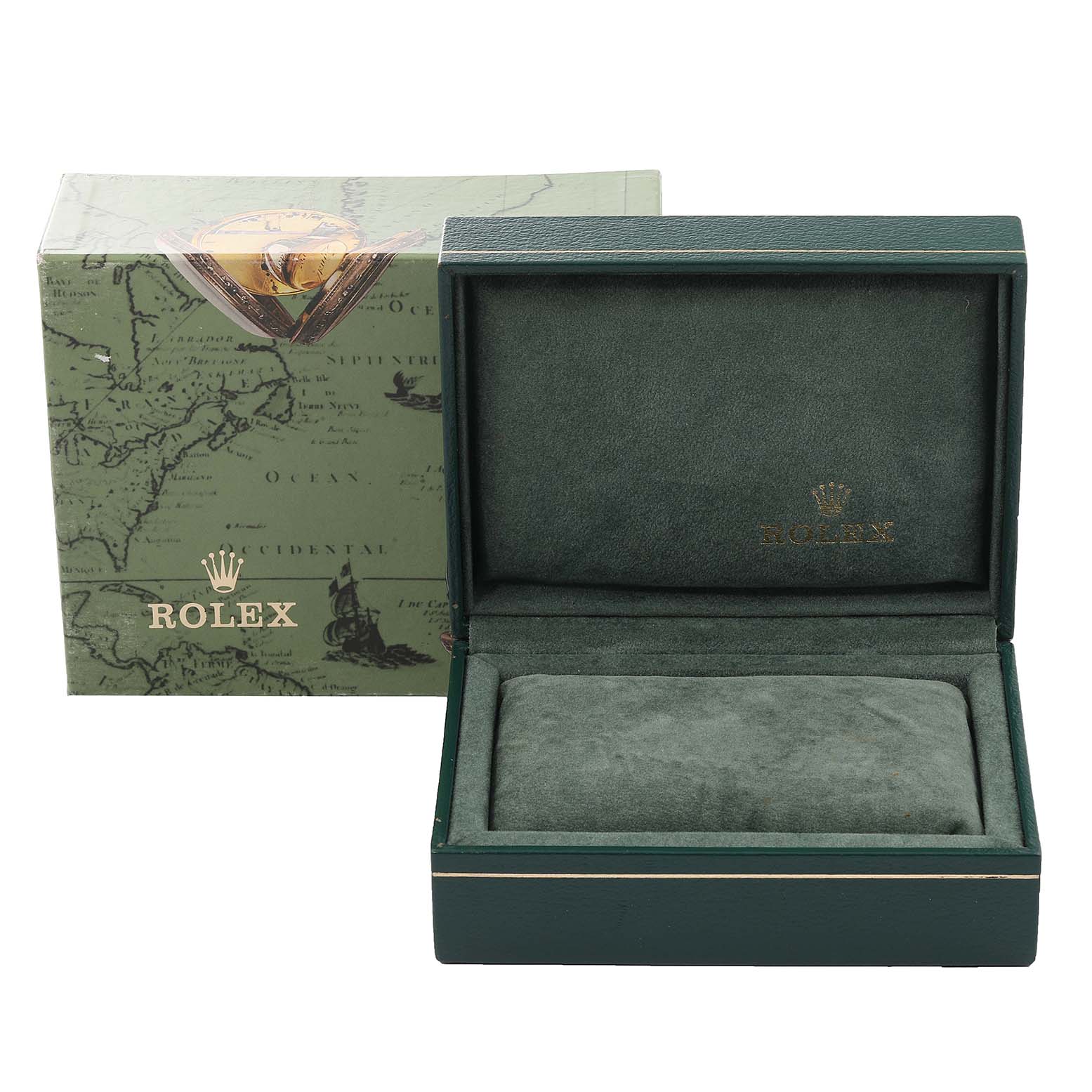 The image shows a green Rolex watch box and its exterior packaging for the Date model, with the box open and empty.