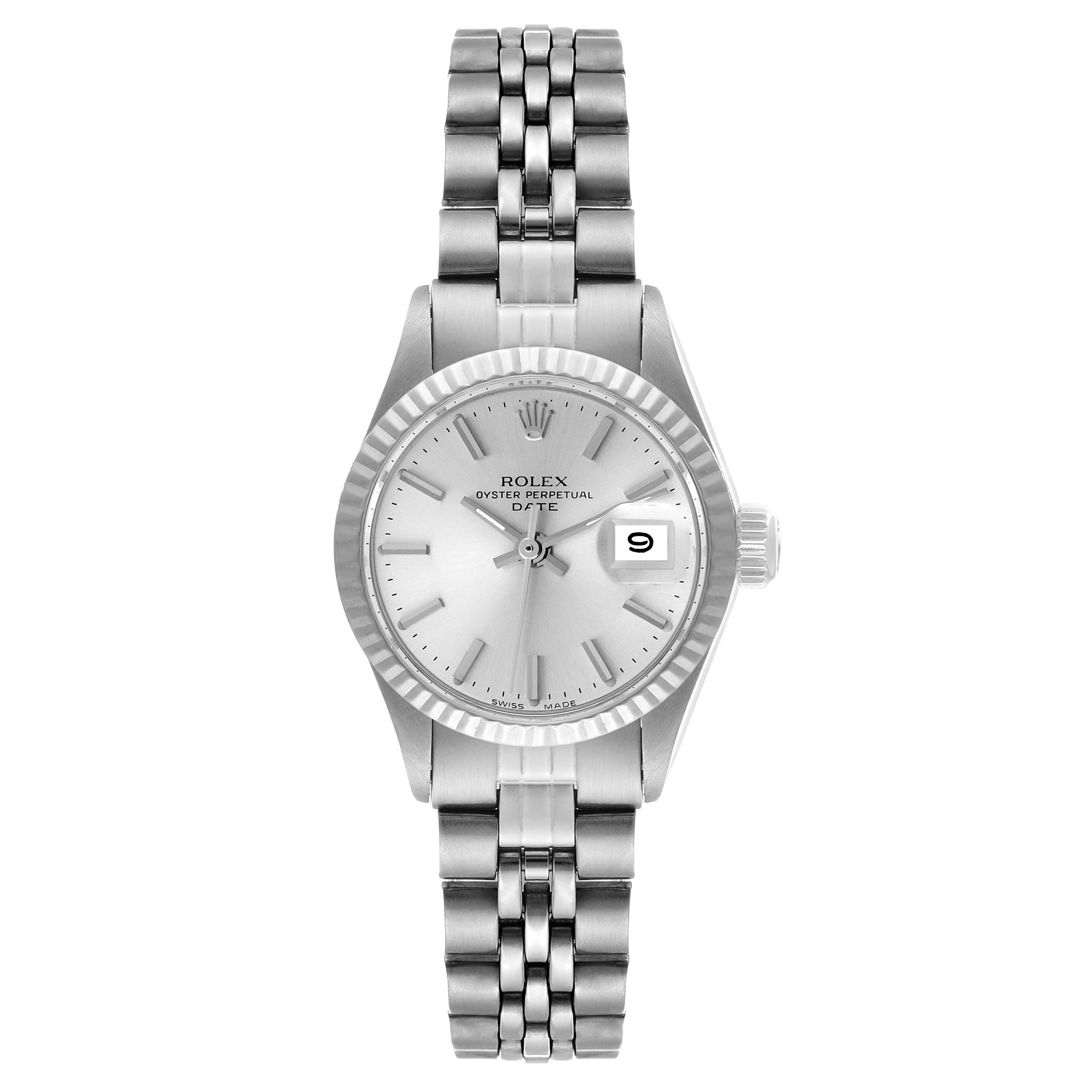 The image shows a Rolex Date 6917 Women's Stainless Steel Silver Dial 6917 Women's Stainless Steel Silver Dial model watch from a top-down angle, highlighting the face, bezel, bracelet, and date window.
