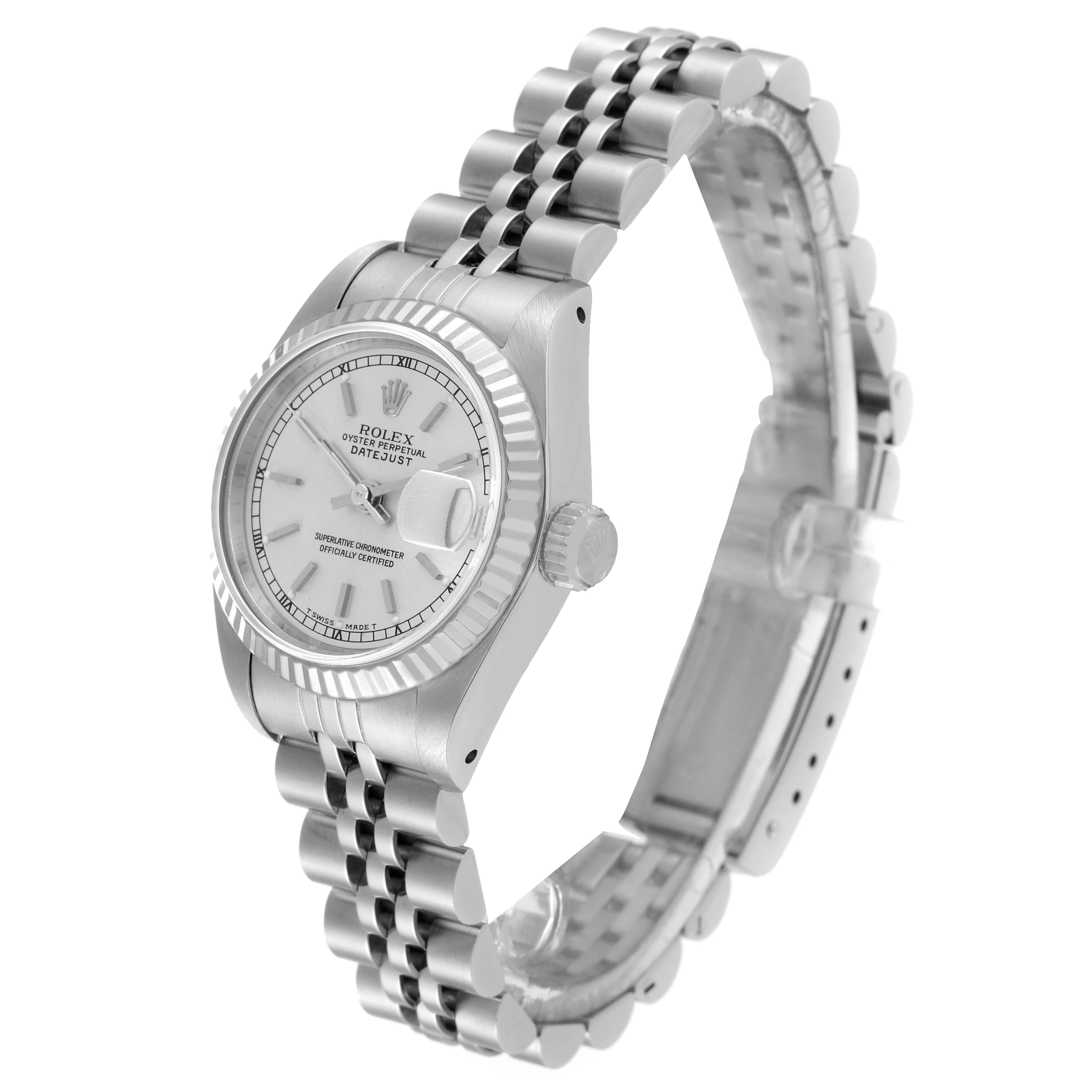 The Rolex Datejust 69174 Women's Stainless Steel Silver Dial 69174 Women's Stainless Steel Silver Dial watch is shown from an angled side view, displaying the face, bezel, crown, and part of the bracelet.
