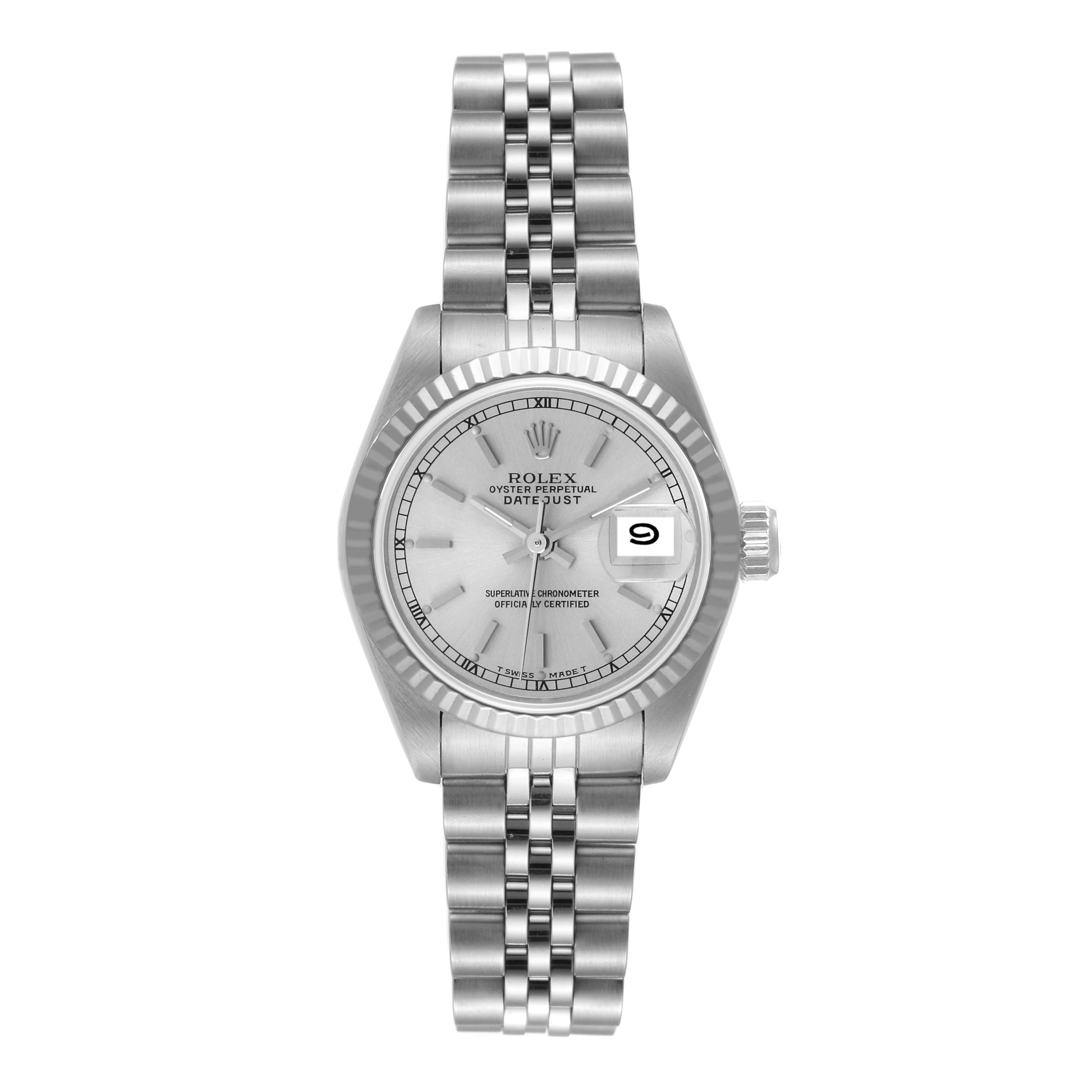The image shows a front view of a Rolex Datejust 69174 Women's Stainless Steel Silver Dial 69174 Women's Stainless Steel Silver Dial watch, displaying the face, bezel, bracelet, and date window.