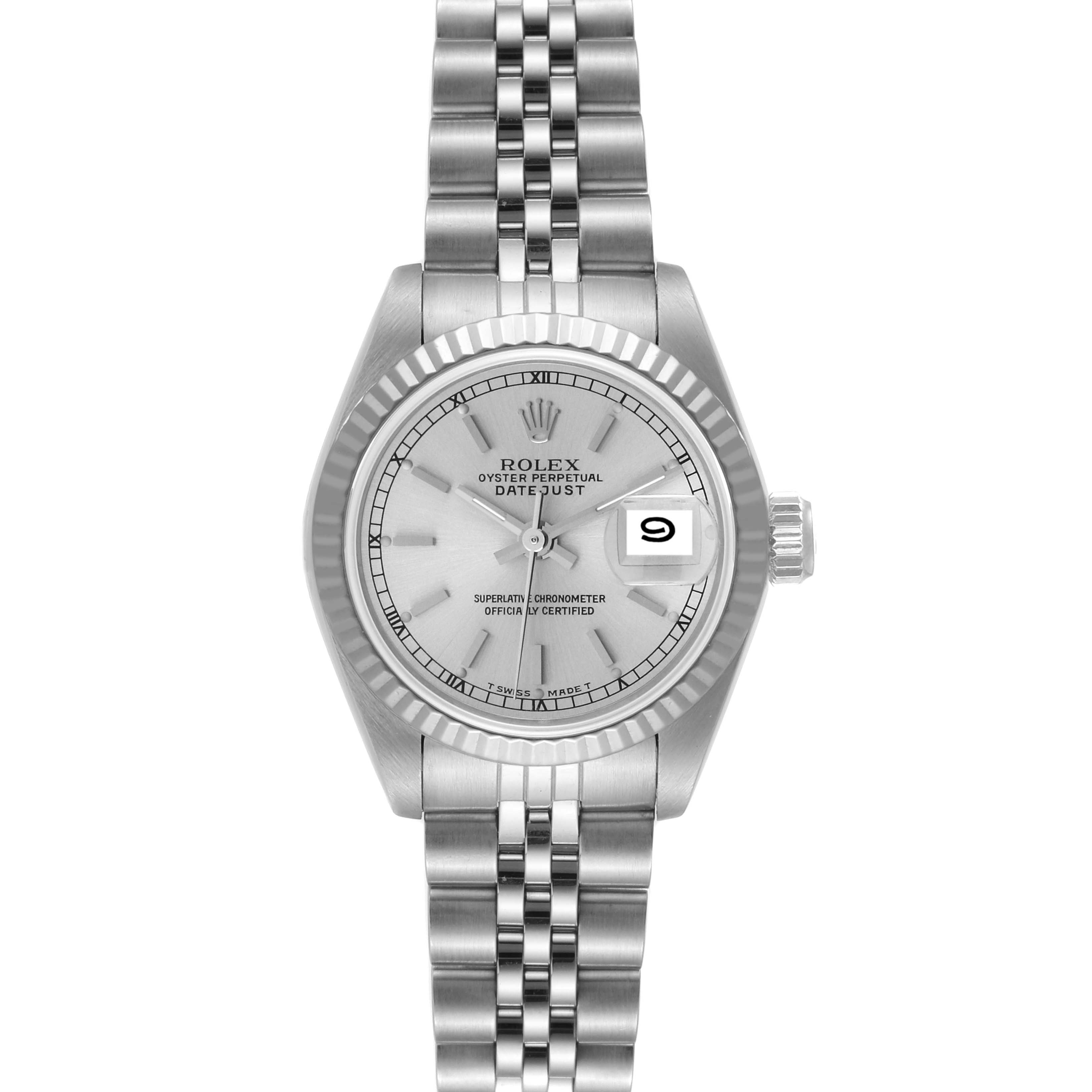 The image shows a frontal view of a Rolex Datejust 69174 Women's Stainless Steel Silver Dial 69174 Women's Stainless Steel Silver Dial watch, displaying its face, bezel, crown, and bracelet.