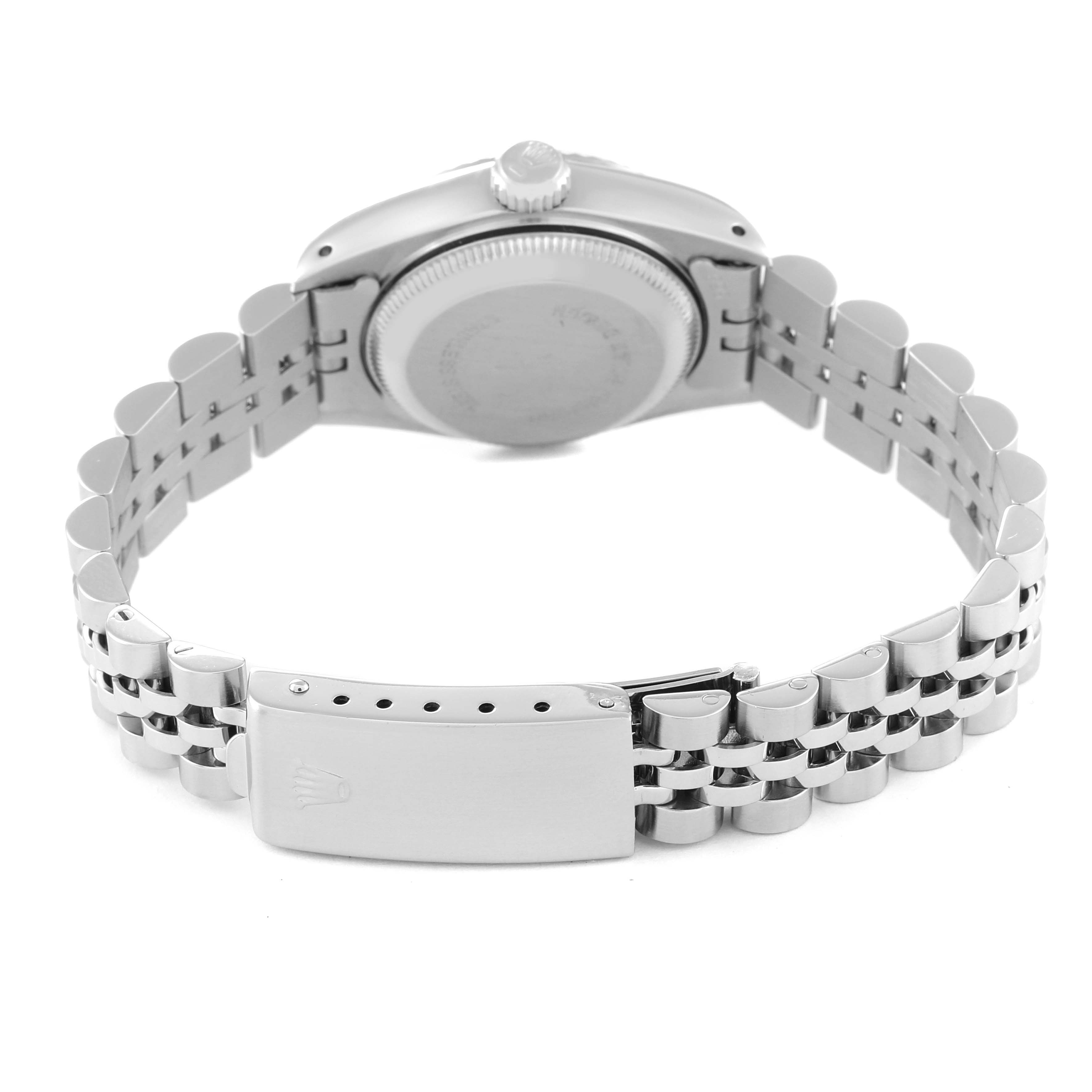 The image shows the back of the Rolex Datejust 69174 Women's Stainless Steel Silver Dial 69174 Women's Stainless Steel Silver Dial watch, showcasing the case back, crown, and bracelet.