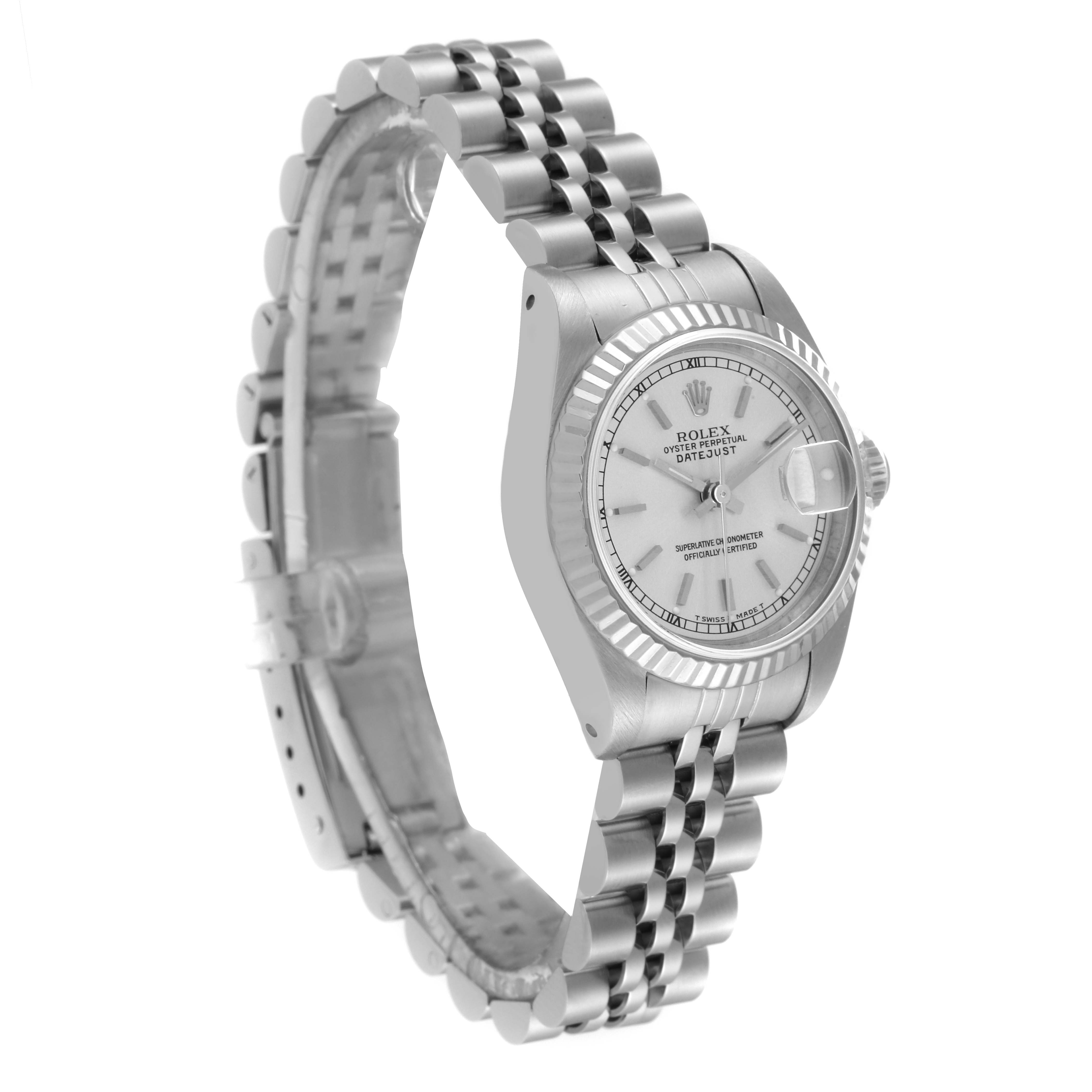 The Rolex Datejust 69174 Women's Stainless Steel Silver Dial 69174 Women's Stainless Steel Silver Dial watch is shown at a slight angle displaying its face, bezel, and bracelet.