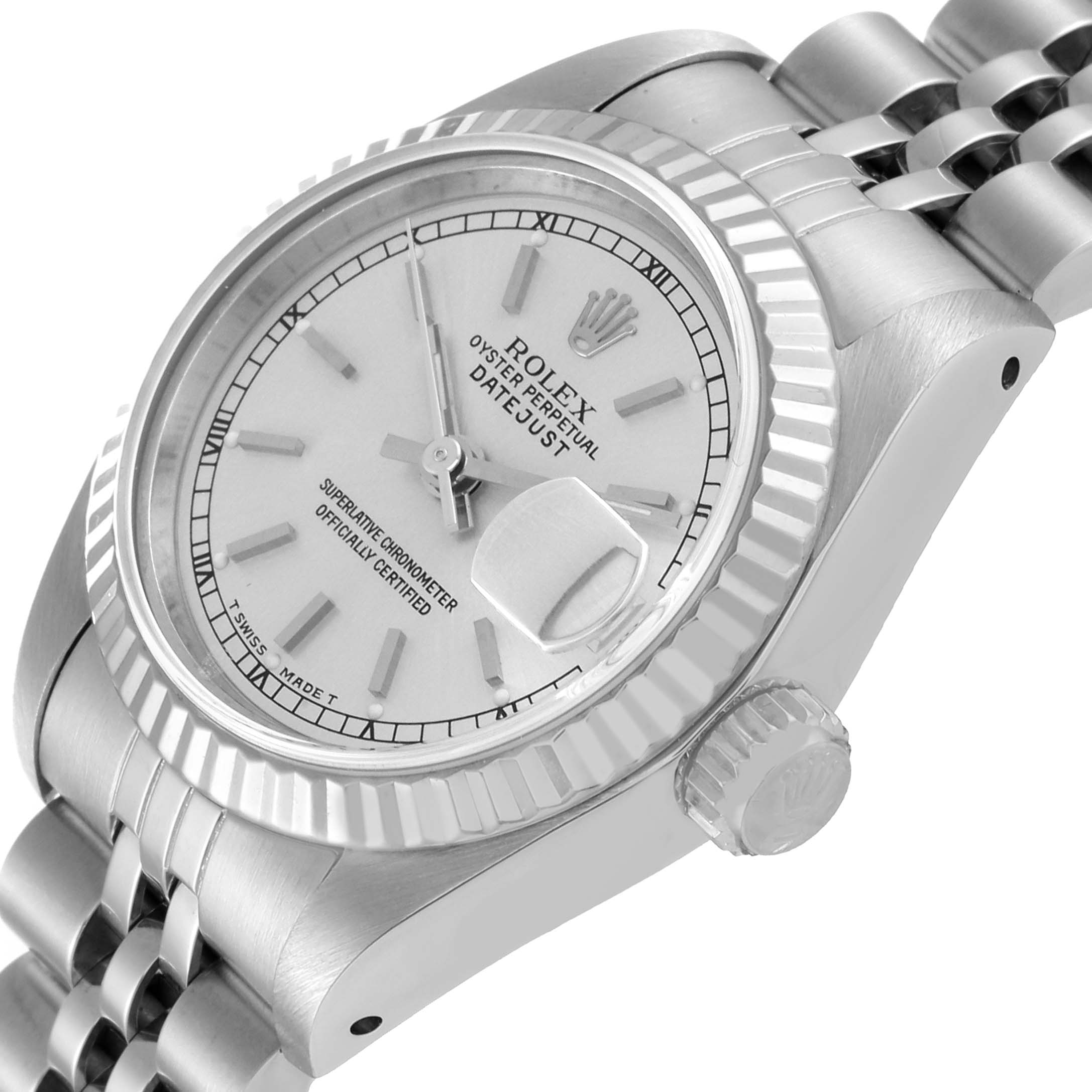 The image shows a close-up side angle of a Rolex Datejust 69174 Women's Stainless Steel Silver Dial 69174 Women's Stainless Steel Silver Dial watch, highlighting the crown, bezel, and part of the bracelet.