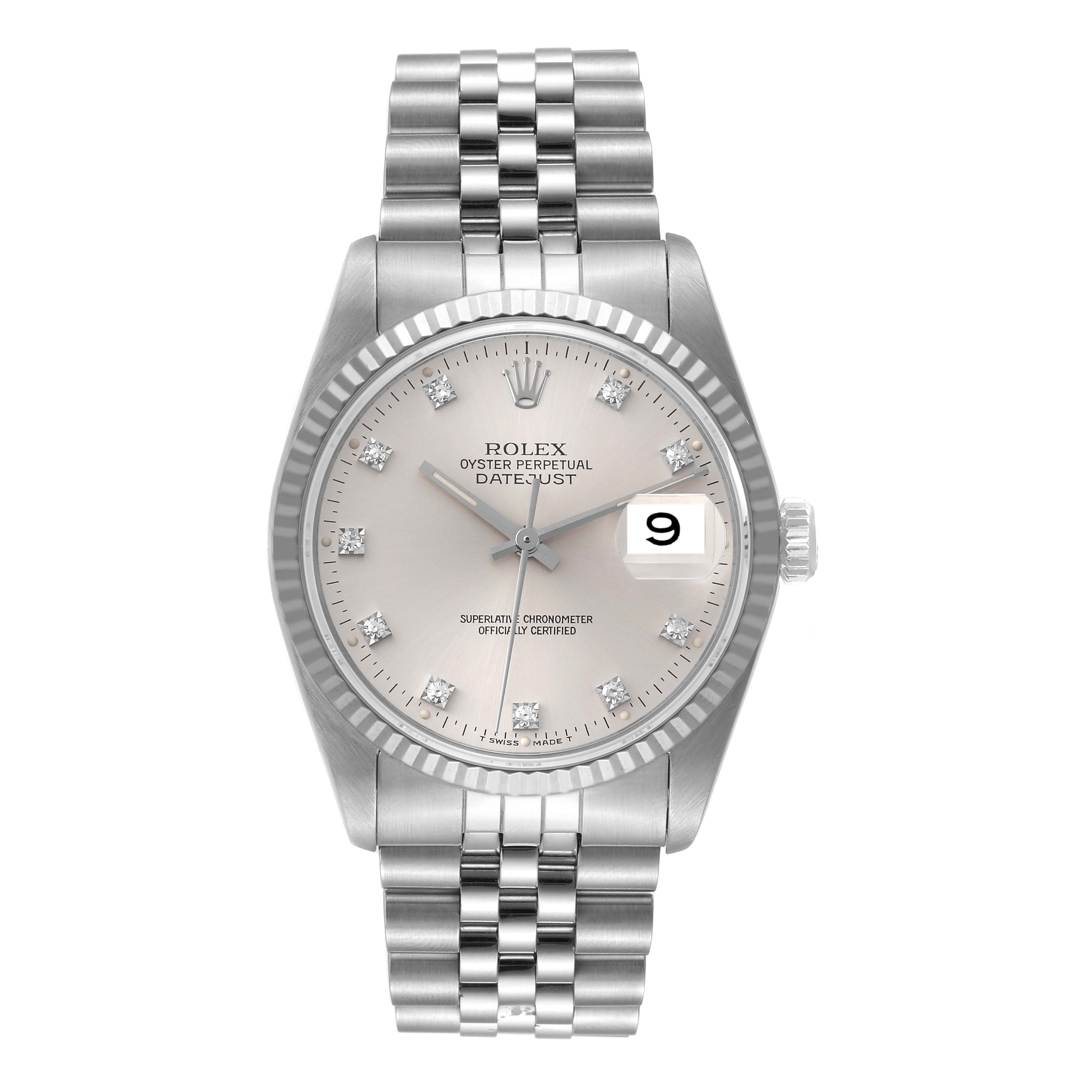 The image shows a front view of the Rolex Datejust 16234 Men's Stainless Steel Silver Dial 16234 Men's Stainless Steel Silver Dial watch, detailing its dial, date window, hands, and bracelet.