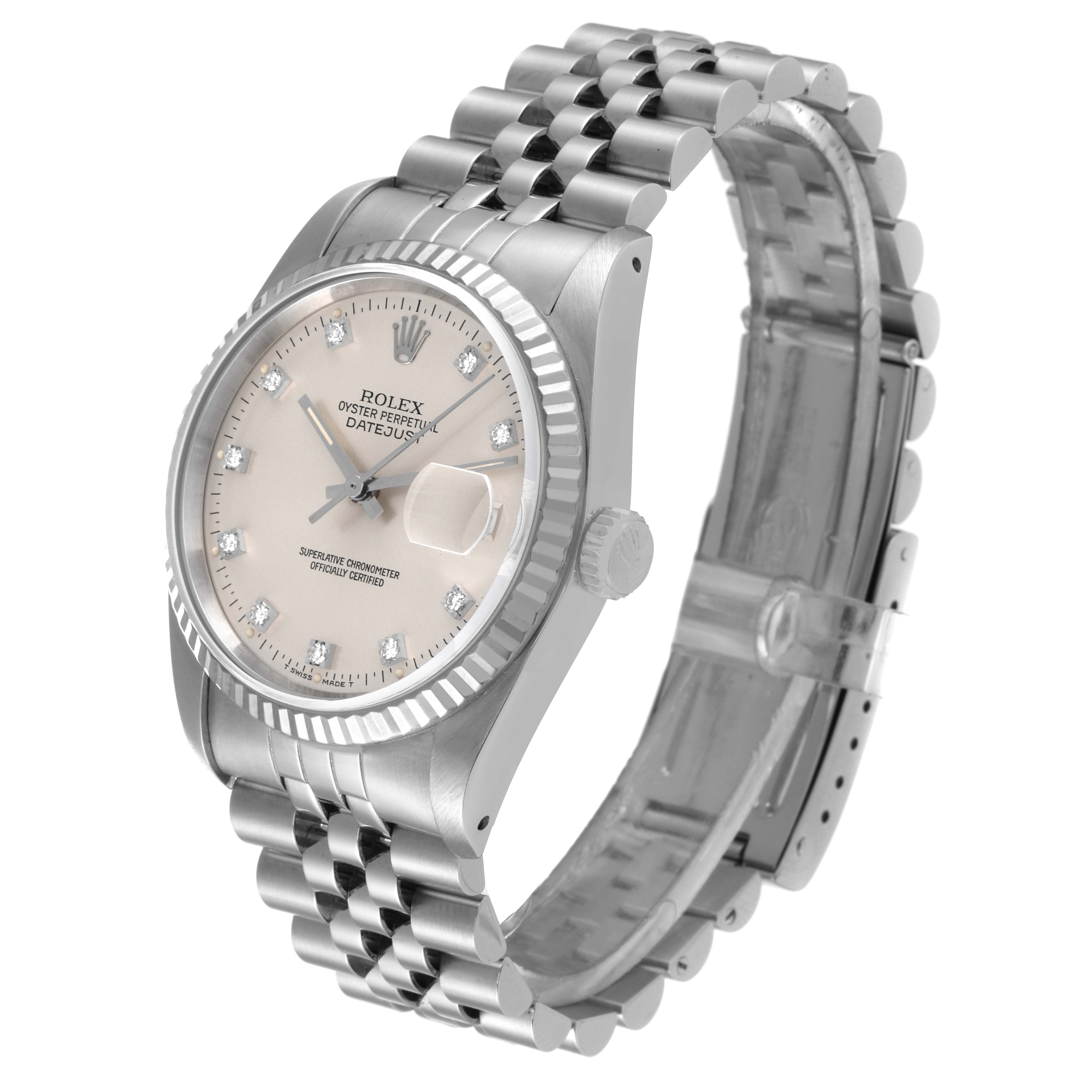 The image shows a Rolex Datejust 16234 Men's Stainless Steel Silver Dial 16234 Men's Stainless Steel Silver Dial watch at a three-quarter angle, displaying the face, bezel, crown, and bracelet.