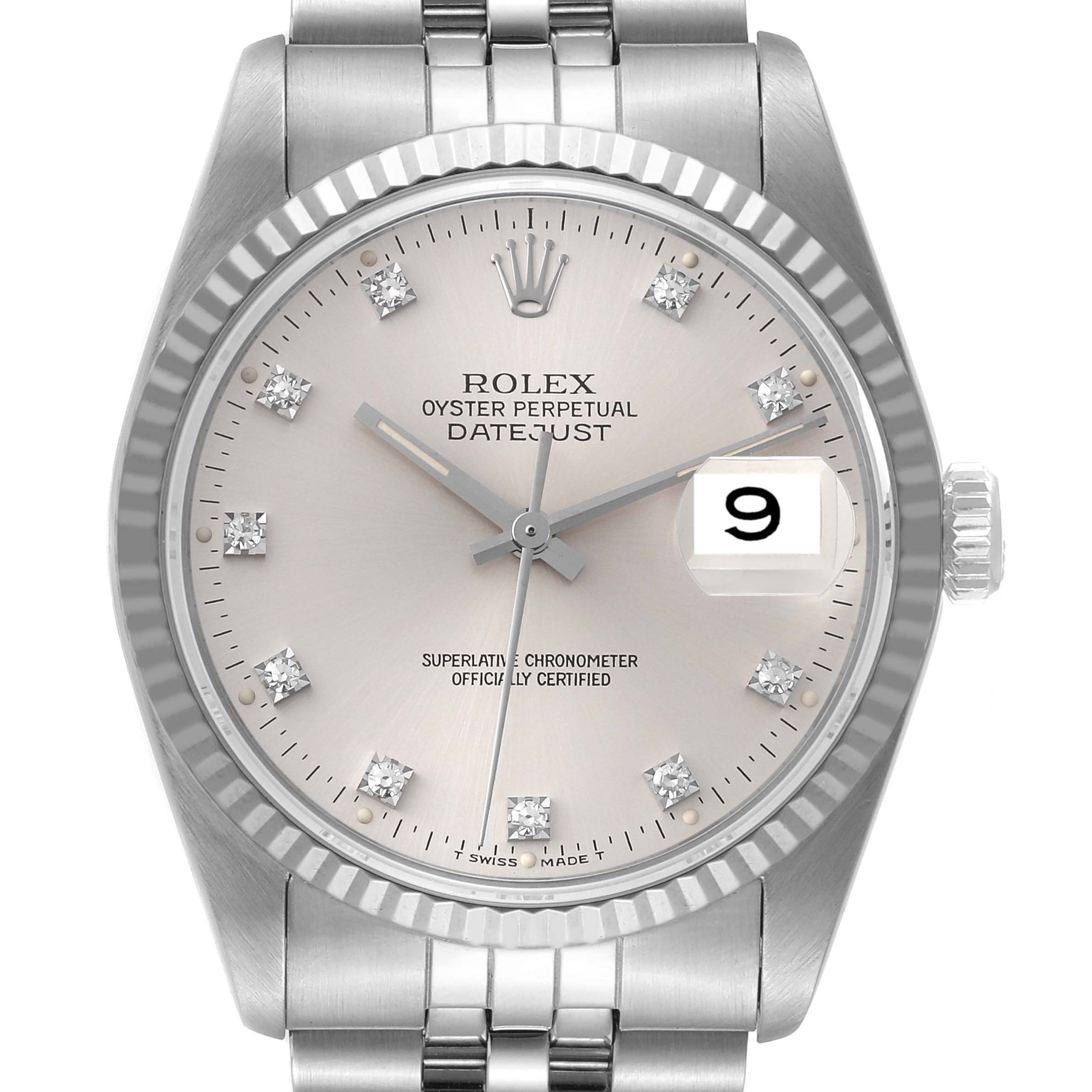 Close-up of a Rolex Datejust 16234 Men's Stainless Steel Silver Dial 16234 Men's Stainless Steel Silver Dial watch showing its face, bezel, crown, and part of the band.