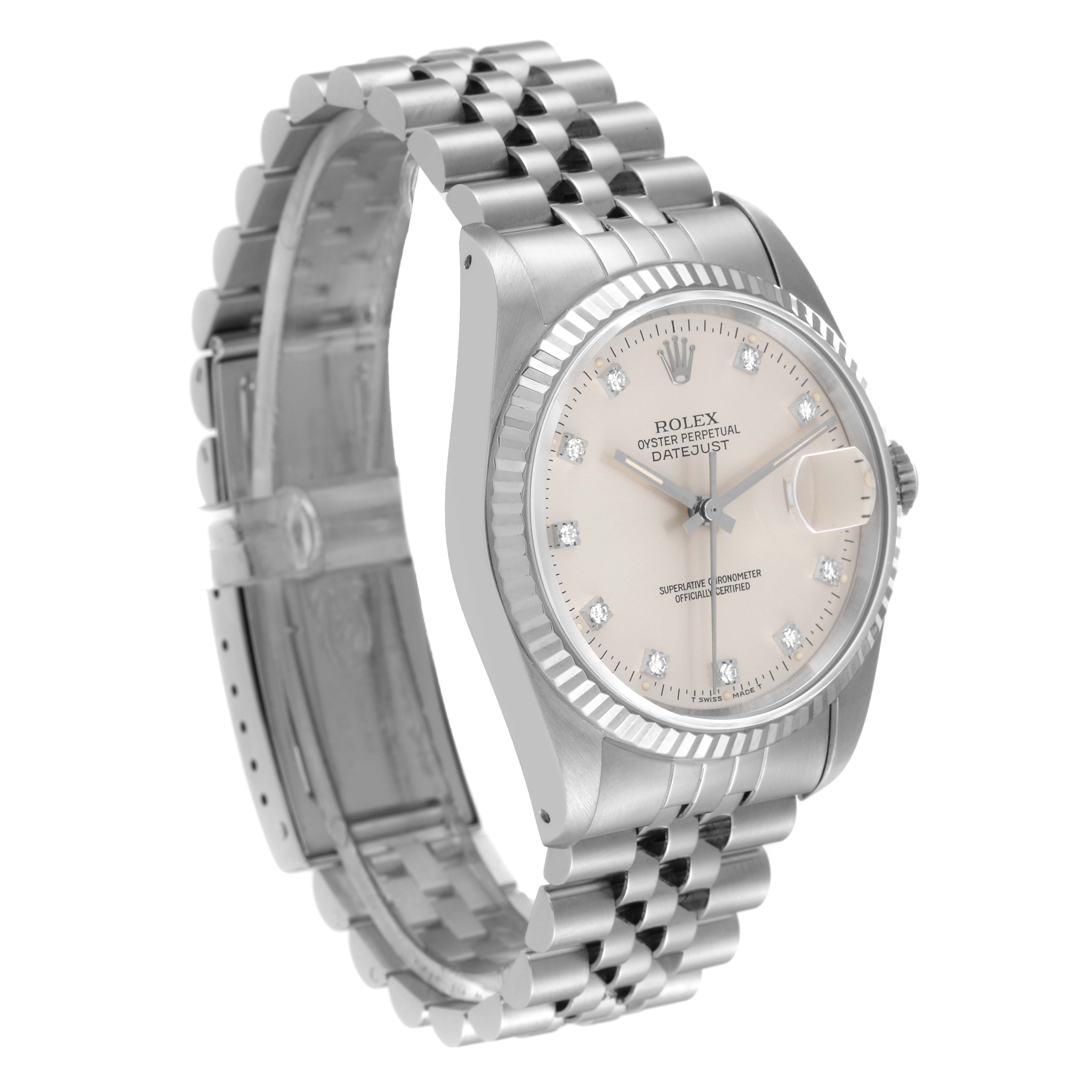The image shows a Rolex Datejust 16234 Men's Stainless Steel Silver Dial 16234 Men's Stainless Steel Silver Dial watch at a three-quarter angle, highlighting the bracelet, bezel, dial, and crown.