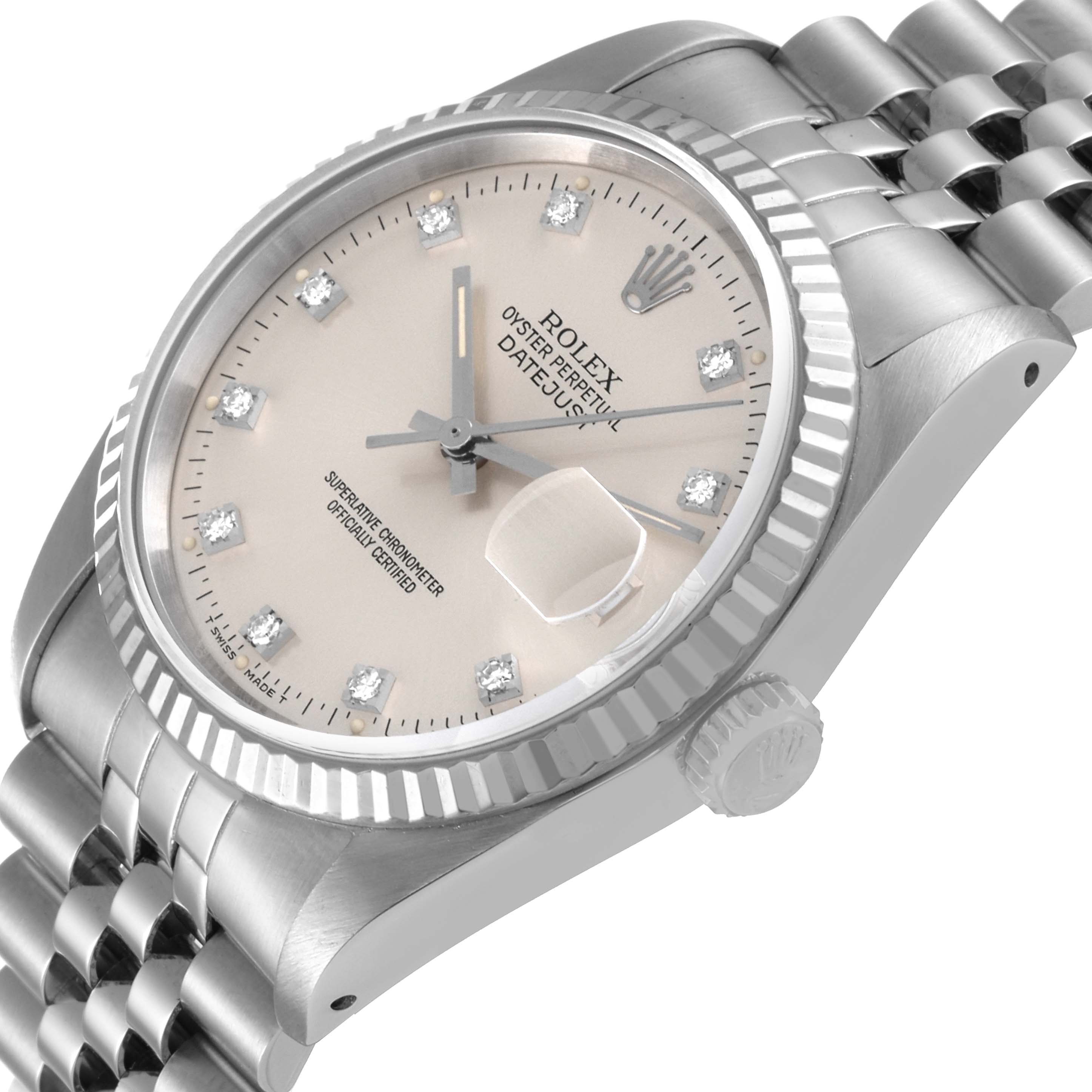 A Rolex Datejust 16234 Men's Stainless Steel Silver Dial 16234 Men's Stainless Steel Silver Dial watch shown at an angle, highlighting the dial, bezel, and part of the bracelet.