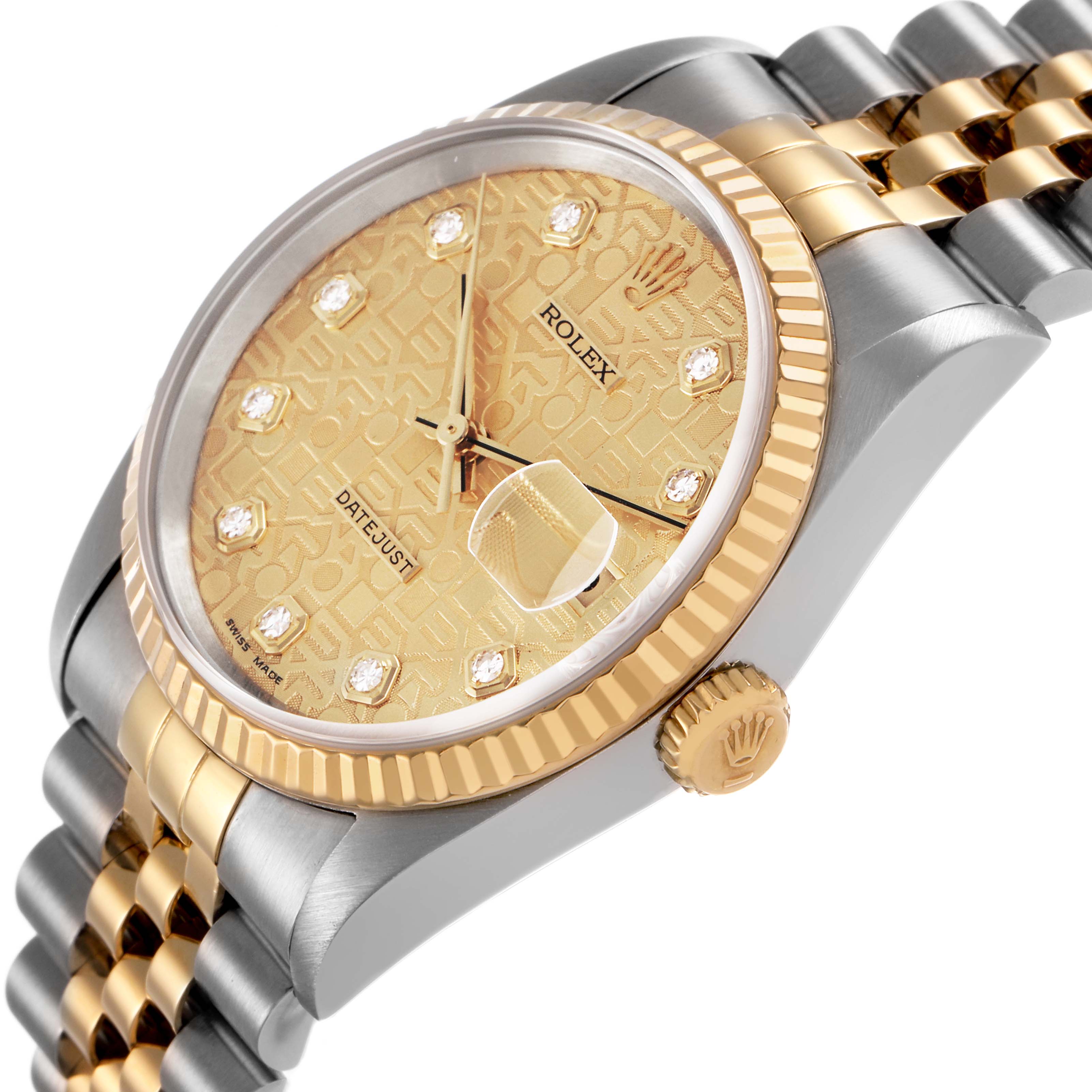The Rolex Datejust 16233 Men's Stainless Steel Champagne Dial watch is shown at an angle highlighting its dial, bezel, crown, and part of its bracelet.
