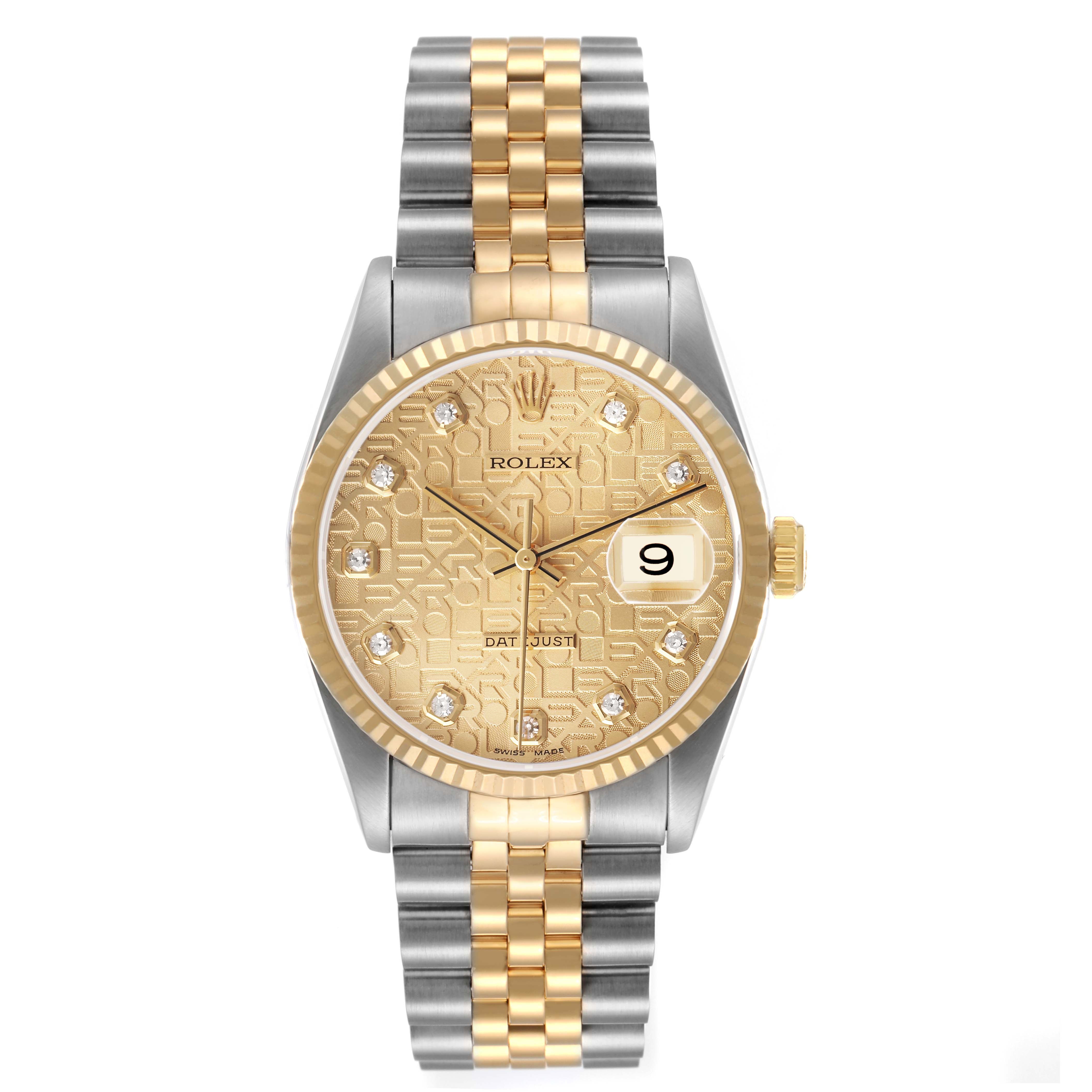 The Rolex Datejust 16233 Men's Stainless Steel Champagne Dial watch is shown from the front, displaying its gold-patterned dial, two-tone bracelet, and fluted bezel.