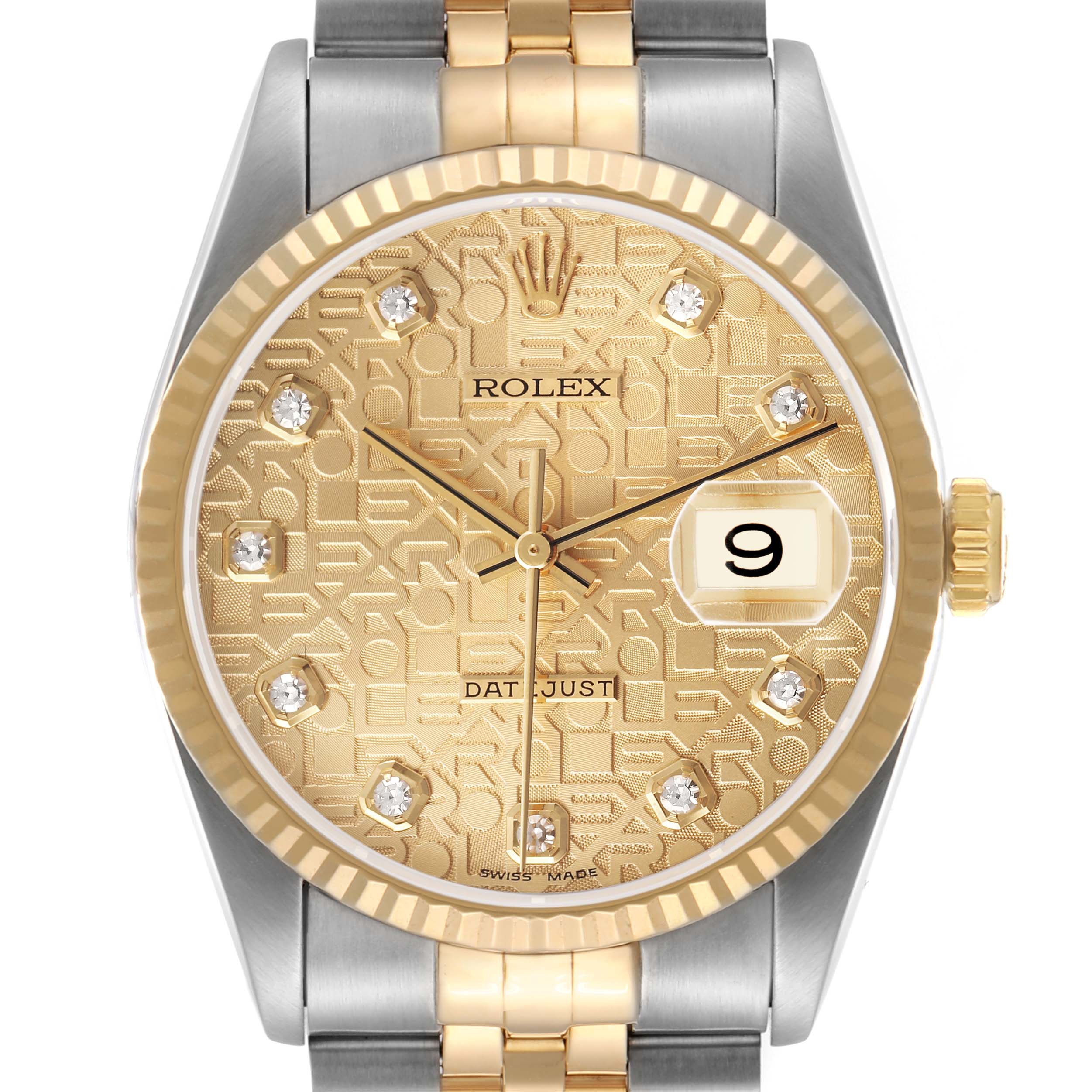 The Rolex Datejust 16233 Men's Stainless Steel Champagne Dial watch is shown from the front, highlighting the gold dial, indices, bezel, crown, and bracelet.