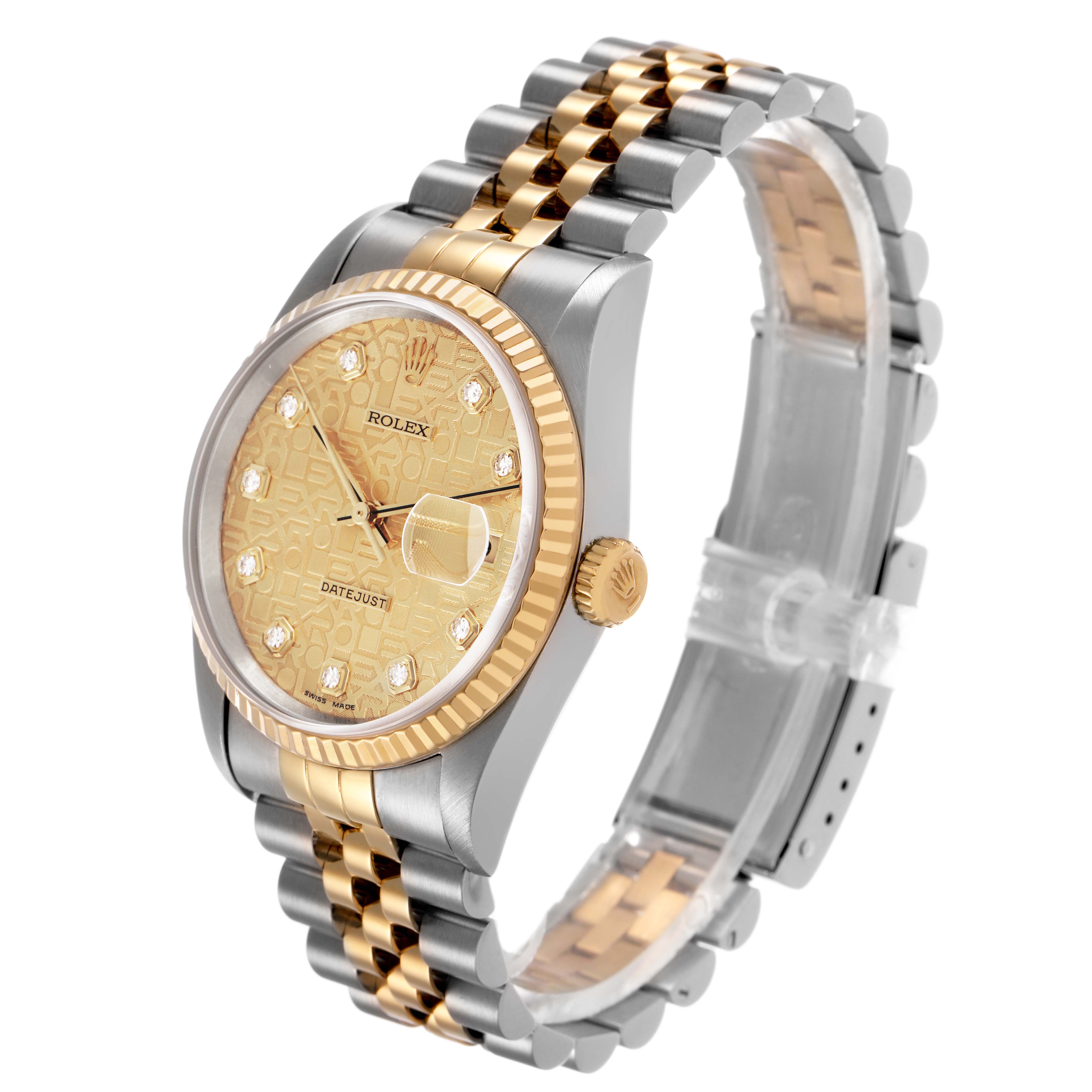 This Rolex Datejust 16233 Men's Stainless Steel Champagne Dial watch is shown from a three-quarter angle, highlighting the dial, bezel, and two-tone bracelet.