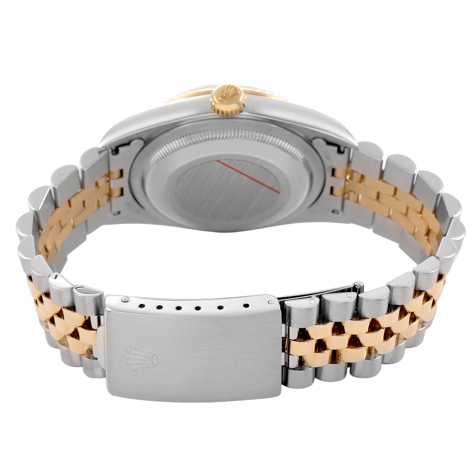 The image shows the back view of a Rolex Datejust 16233 Men's Stainless Steel Champagne Dial watch, highlighting the bracelet, clasp, and case back.