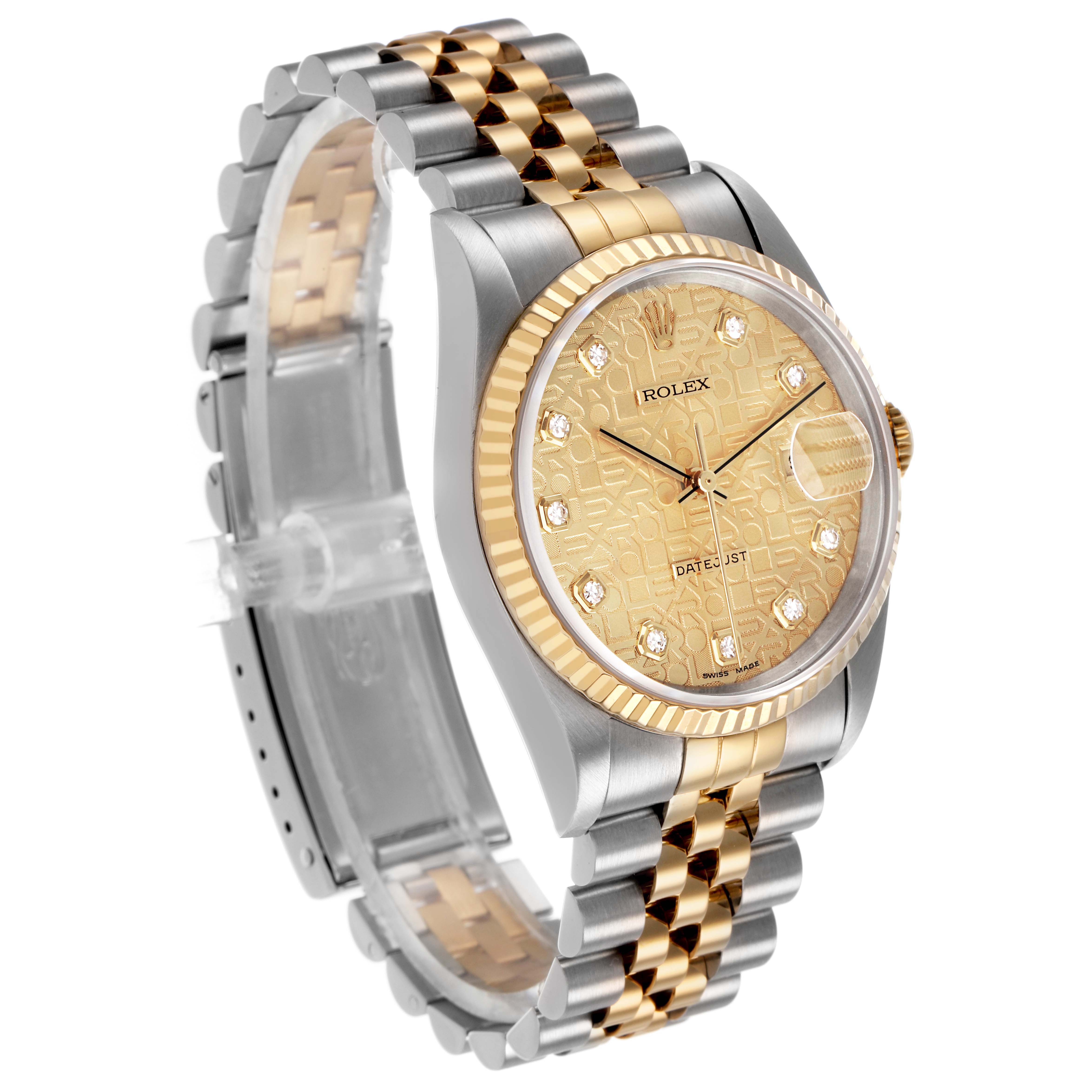 The Rolex Datejust 16233 Men's Stainless Steel Champagne Dial watch is shown from a slightly tilted side view, highlighting the dial, bezel, and two-tone bracelet.