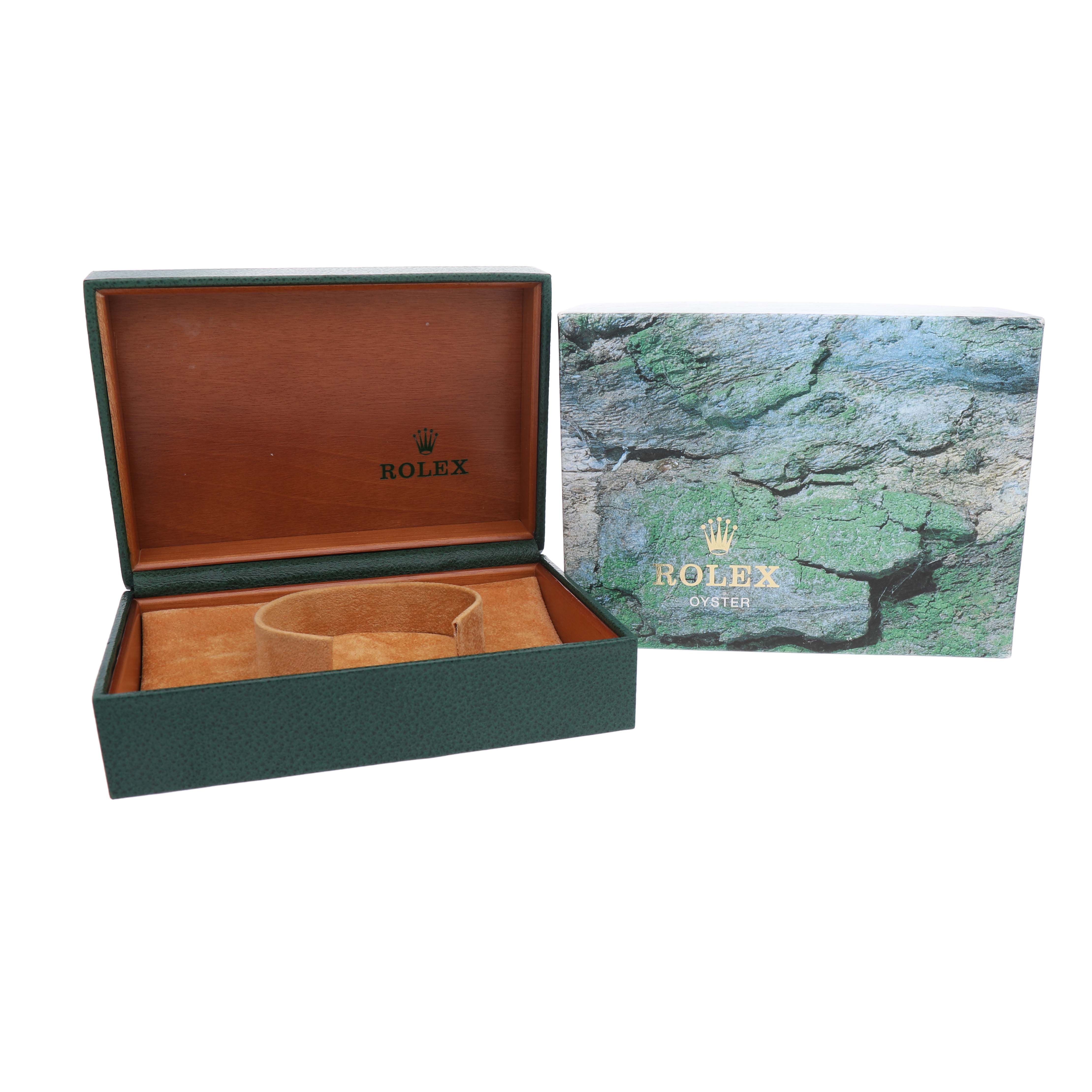 The image shows an open Rolex Datejust 16233 Men's Stainless Steel Champagne Dial box and outer box, with a green and brown color scheme.