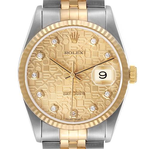 The Rolex Datejust 16233 Men's Stainless Steel Champagne Dial watch is shown from the front, highlighting its gold-patterned dial and jubilee bracelet.