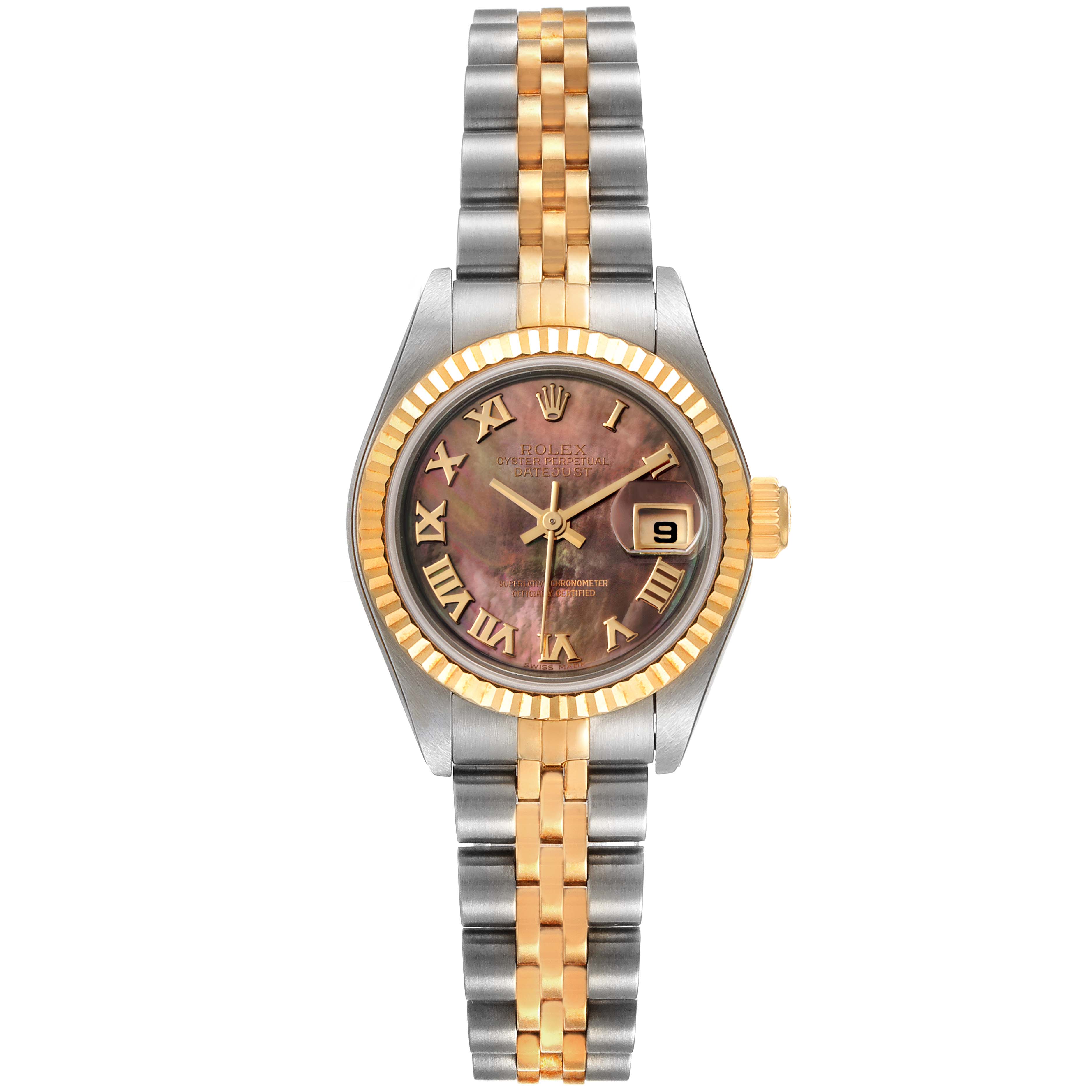 This is a front view of a Rolex Datejust 79173 Women
s Steel and Gold (two tone) Mother of Pearl Dial 79173 Women
s Steel and Gold (two tone) Mother of Pearl Dial watch, showing the dial, bezel, crown, and two-tone bracelet.