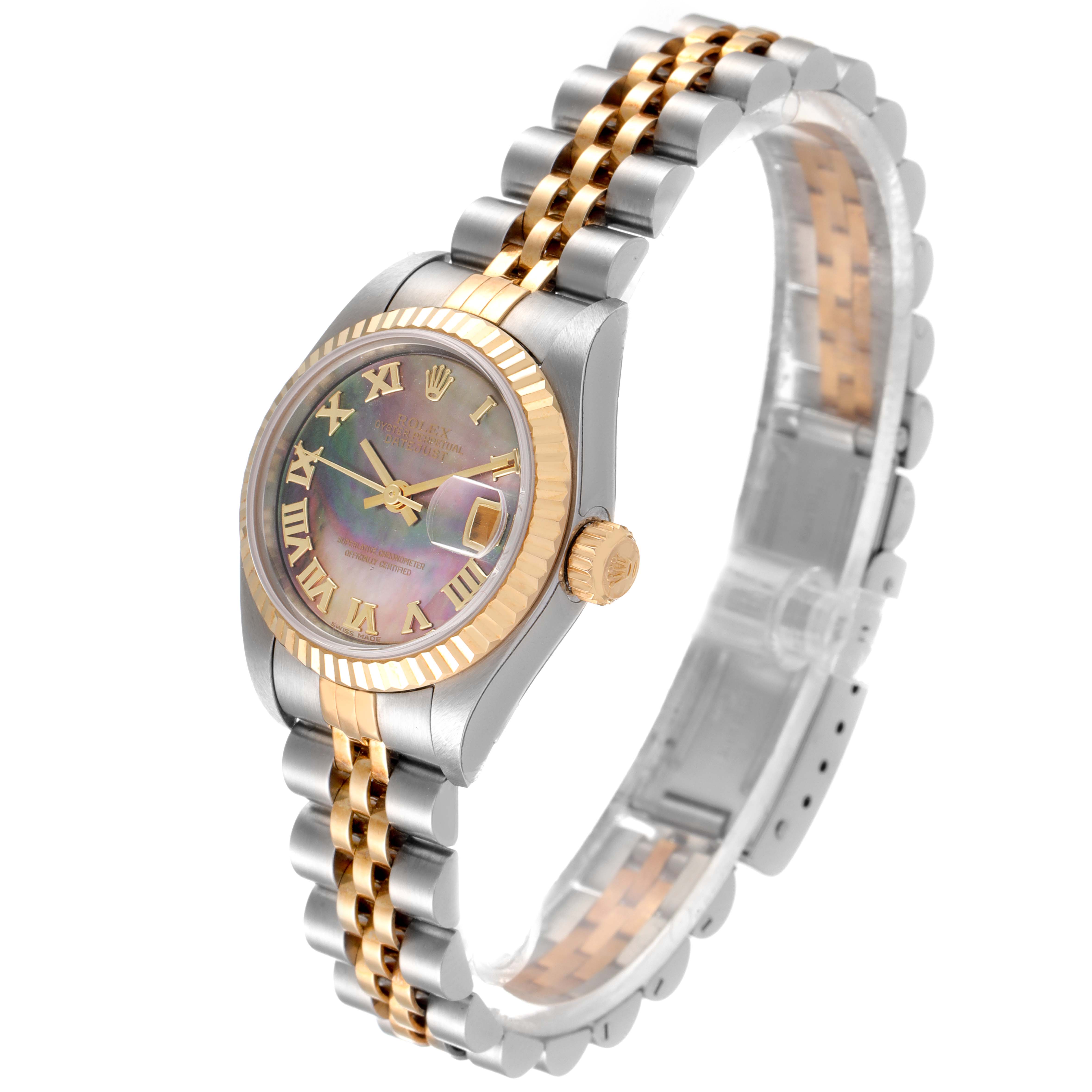 The Rolex Datejust 79173 Women
s Steel and Gold (two tone) Mother of Pearl Dial 79173 Women
s Steel and Gold (two tone) Mother of Pearl Dial watch is shown at a slight angle, displaying the face, bezel, crown, and bracelet.