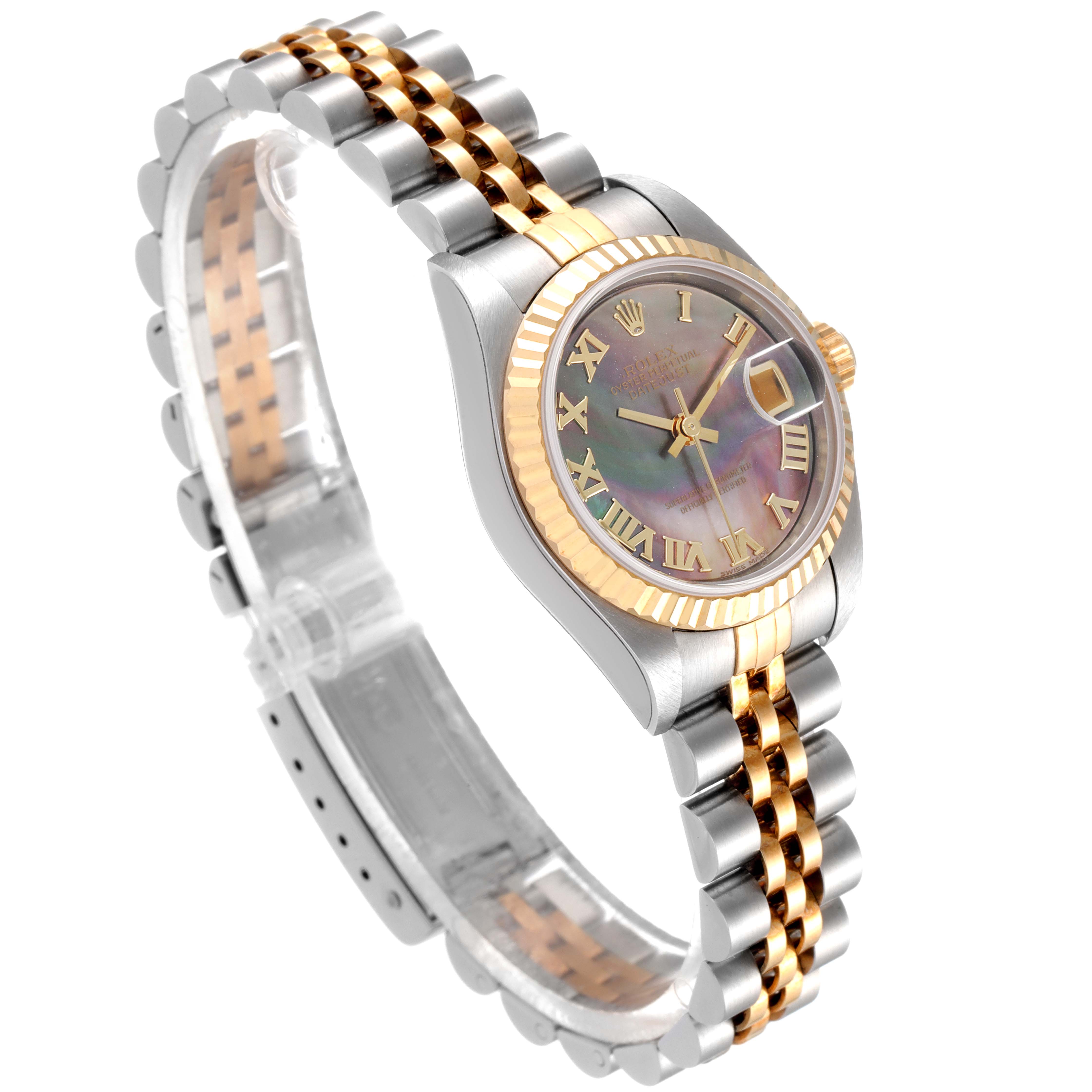 This image shows a side angle view of a Rolex Datejust 79173 Women
s Steel and Gold (two tone) Mother of Pearl Dial 79173 Women
s Steel and Gold (two tone) Mother of Pearl Dial watch, highlighting its two-tone jubilee bracelet and fluted bezel.