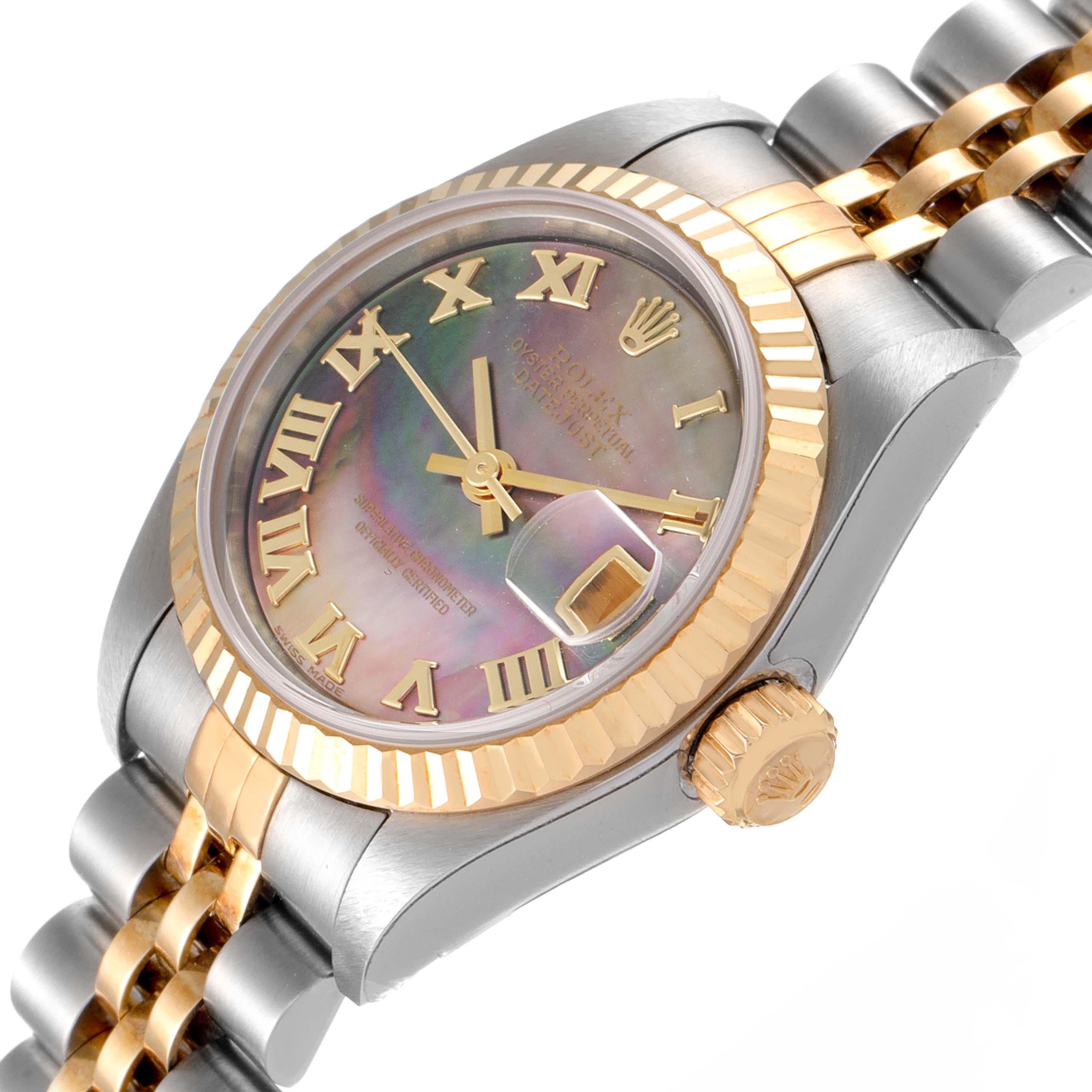 The image shows a Rolex Datejust 79173 Women
s Steel and Gold (two tone) Mother of Pearl Dial 79173 Women
s Steel and Gold (two tone) Mother of Pearl Dial watch at an oblique angle, highlighting the dial, bezel, crown, and part of the bracelet.