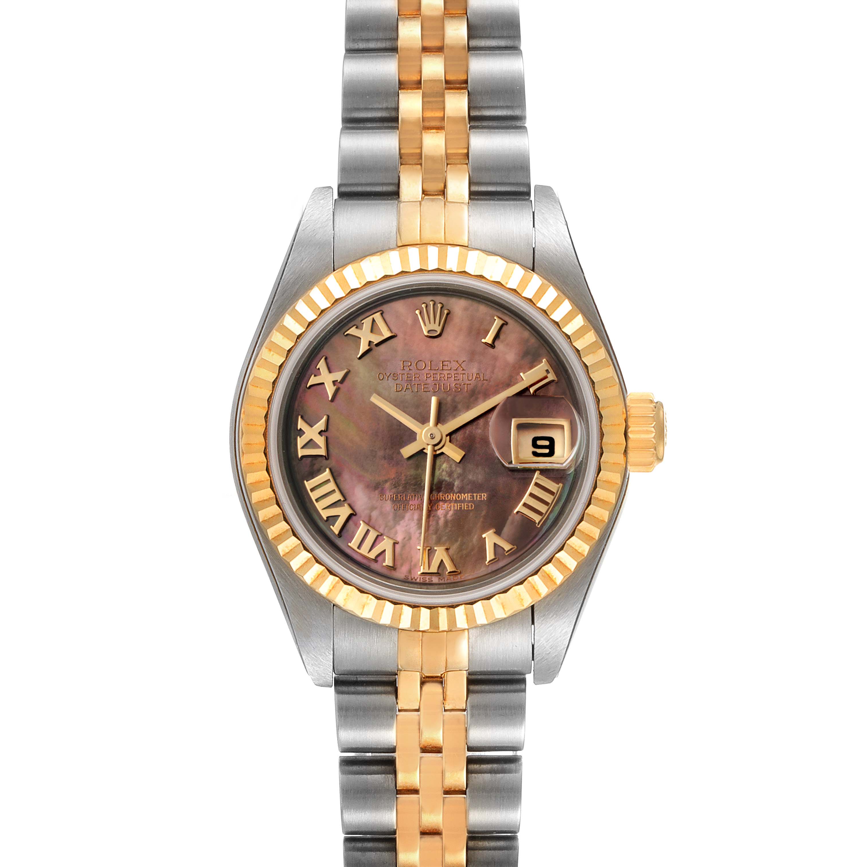 This image shows a front view of the Rolex Datejust 79173 Women
s Steel and Gold (two tone) Mother of Pearl Dial 79173 Women
s Steel and Gold (two tone) Mother of Pearl Dial watch, highlighting its dial, bezel, and the two-tone jubilee bracelet.