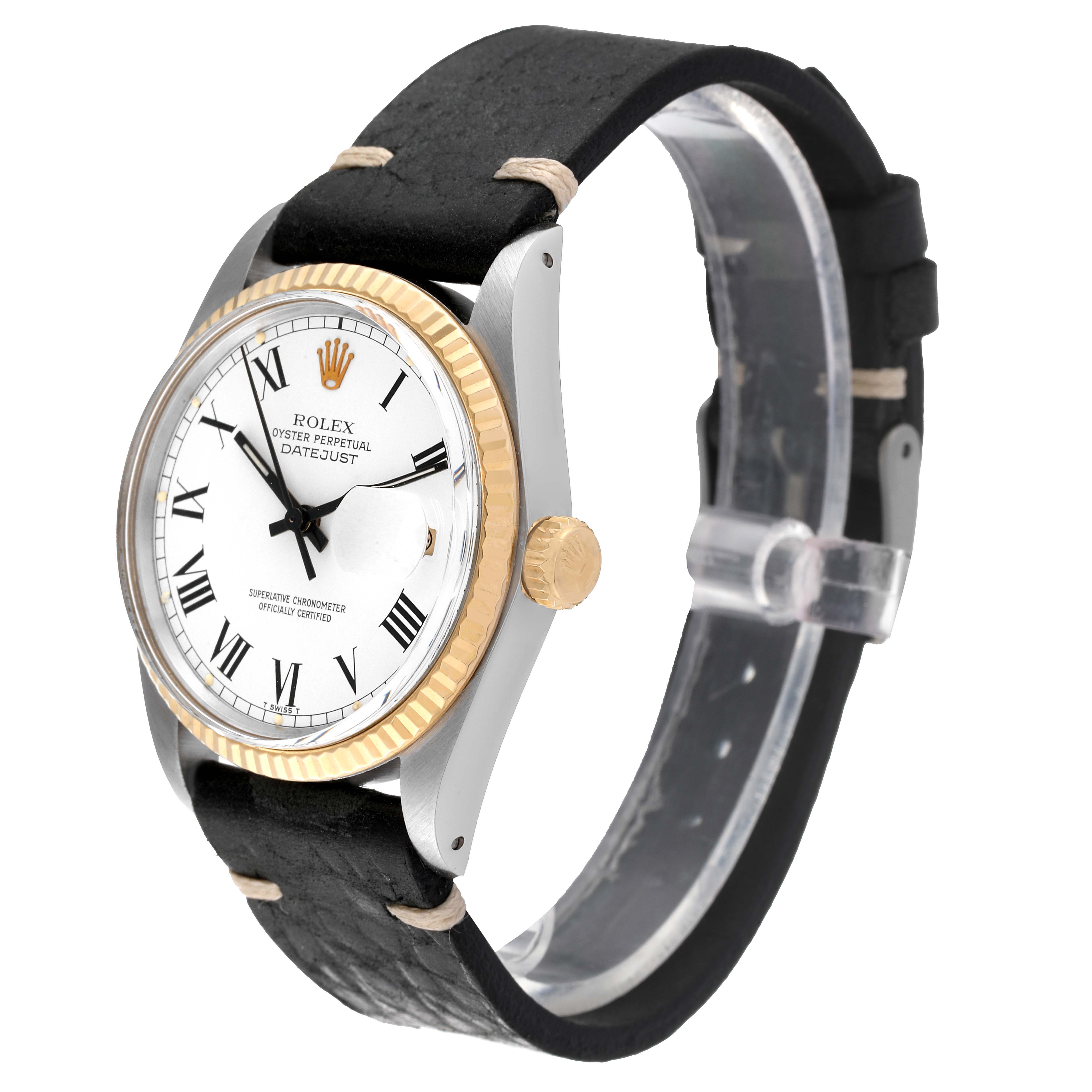 The Rolex Vintage Collection 16013 Men's Steel and Gold (two tone) White Dial 16013 Men's Steel and Gold (two tone) White Dial model watch is shown at a 3/4 angle, highlighting its face, bezel, crown, and leather strap.