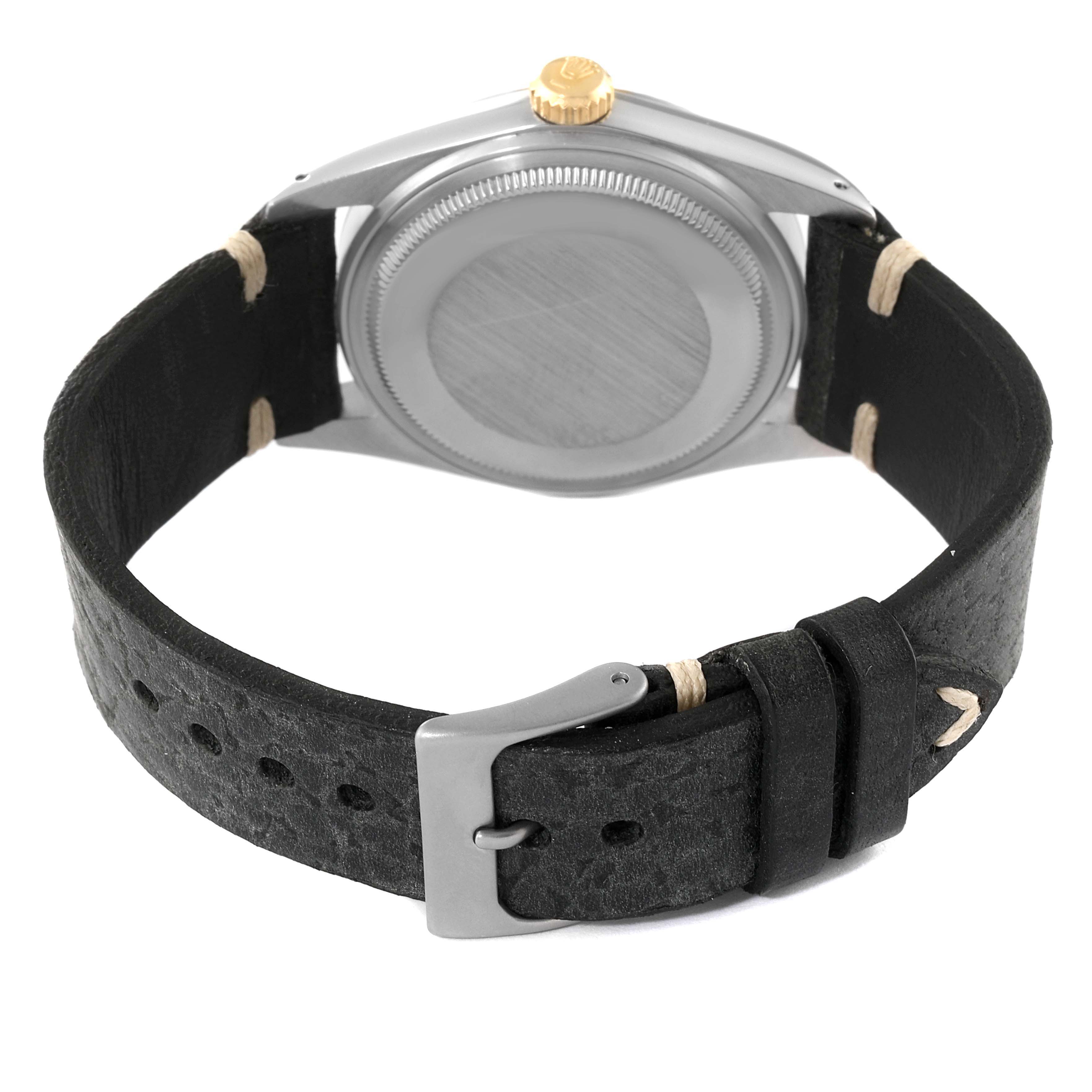 This image shows the back case and leather strap of the Rolex Vintage Collection 16013 Men's Steel and Gold (two tone) White Dial 16013 Men's Steel and Gold (two tone) White Dial model.