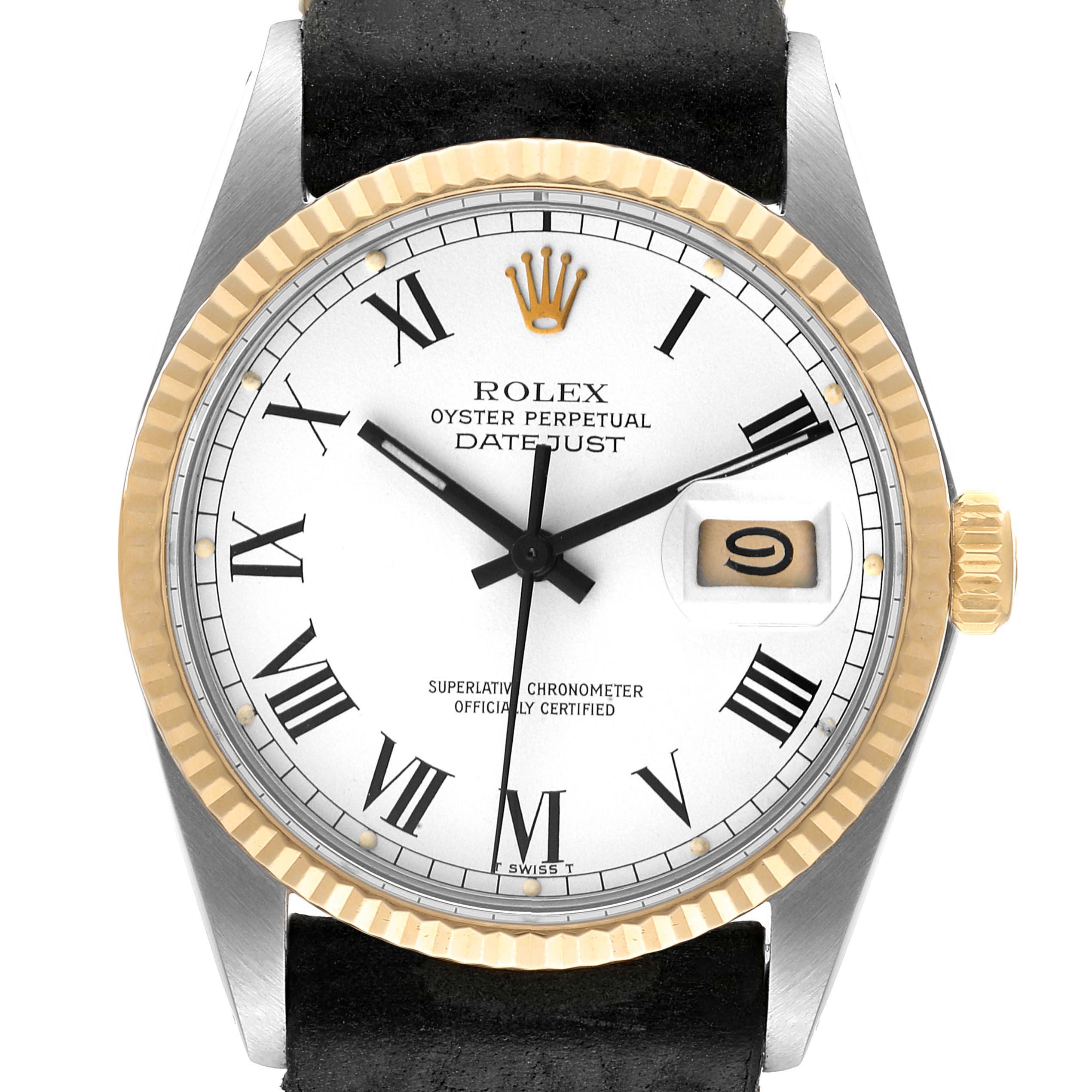 The image shows a front view of a Rolex Vintage Collection 16013 Men's Steel and Gold (two tone) White Dial 16013 Men's Steel and Gold (two tone) White Dial Datejust watch, featuring a white dial, gold bezel, and leather strap.