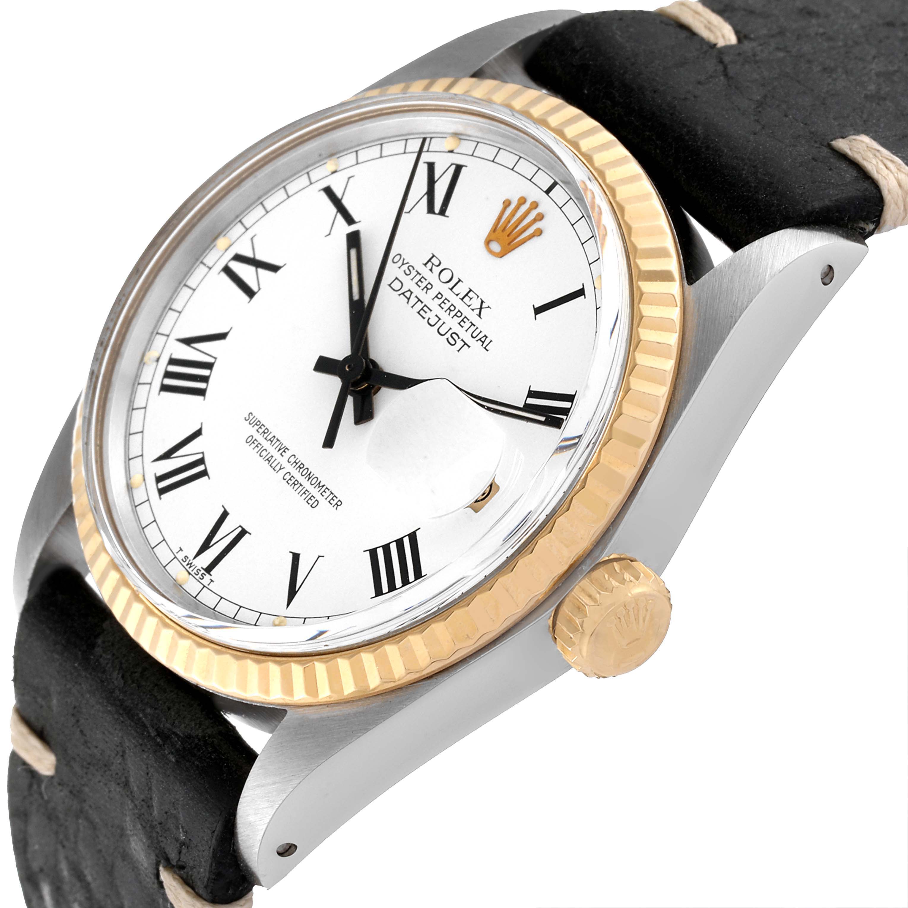 This image shows a Rolex Vintage Collection 16013 Men's Steel and Gold (two tone) White Dial 16013 Men's Steel and Gold (two tone) White Dial watch at a 45-degree angle, highlighting the dial, bezel, crown, and strap.