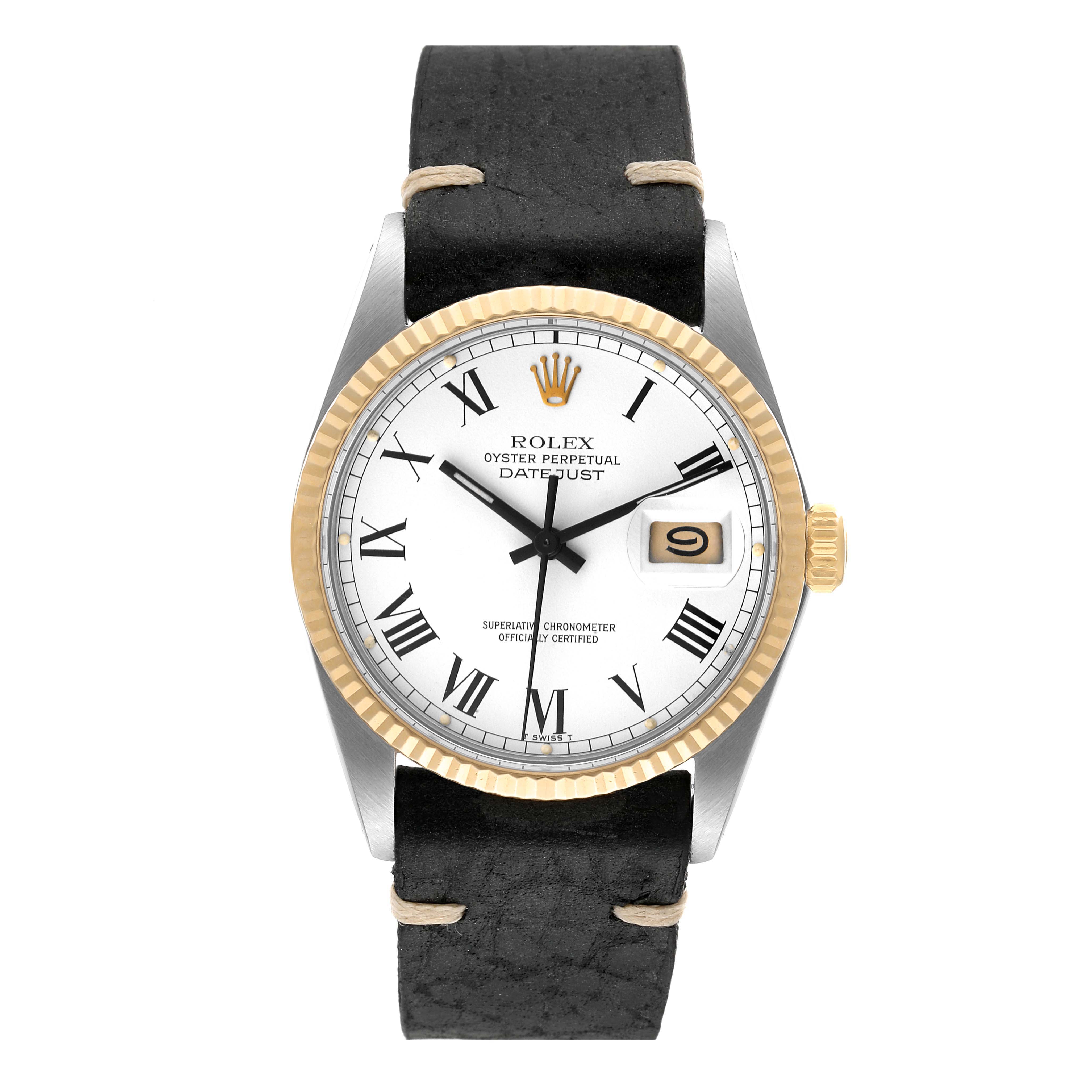 This image shows a front view of the Rolex Vintage Collection 16013 Men's Steel and Gold (two tone) White Dial 16013 Men's Steel and Gold (two tone) White Dial Oyster Perpetual Datejust watch with a black leather strap and Roman numeral dial.