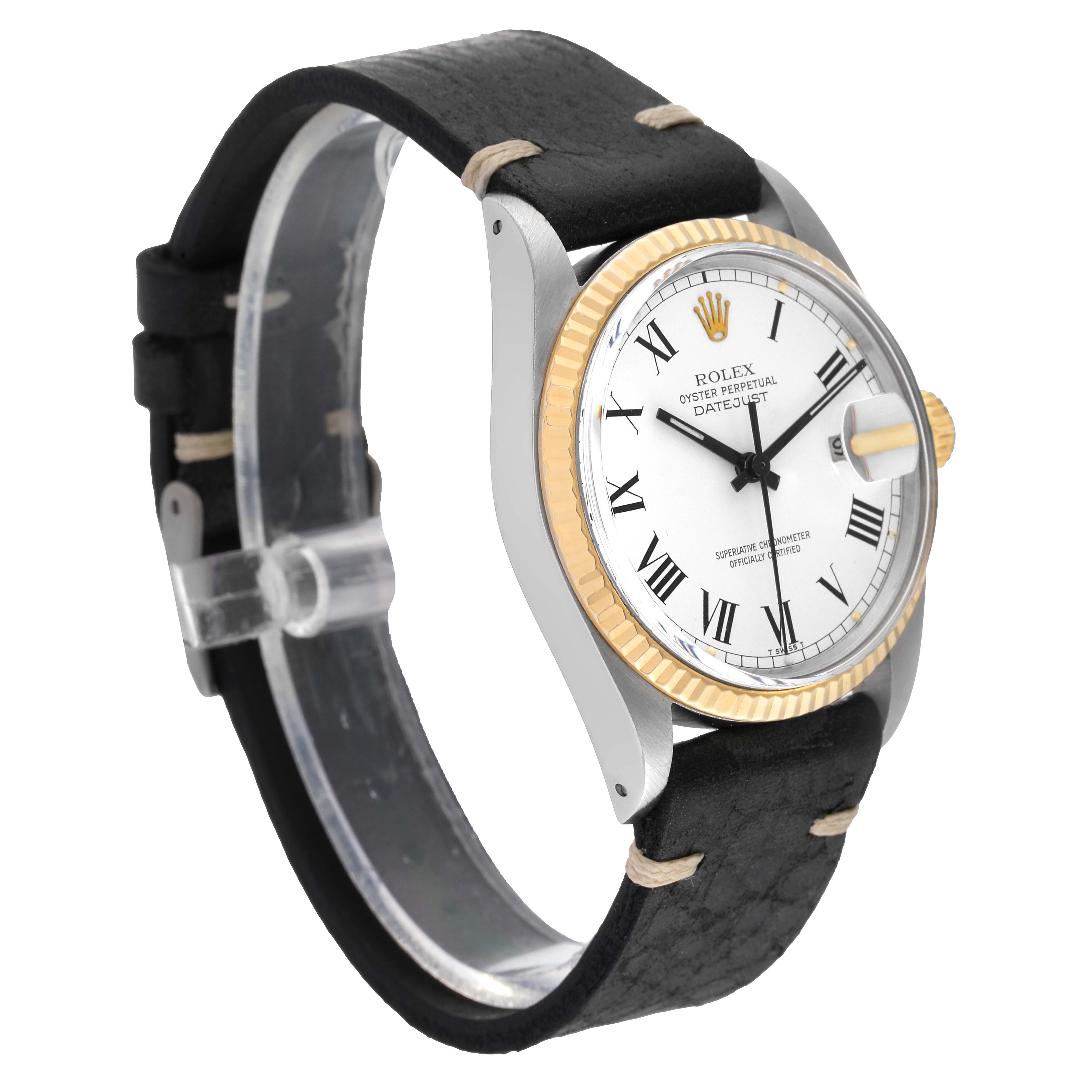 The image shows a Rolex Vintage Collection 16013 Men's Steel and Gold (two tone) White Dial 16013 Men's Steel and Gold (two tone) White Dial model watch from an oblique angle, highlighting the face, bezel, case, and strap.